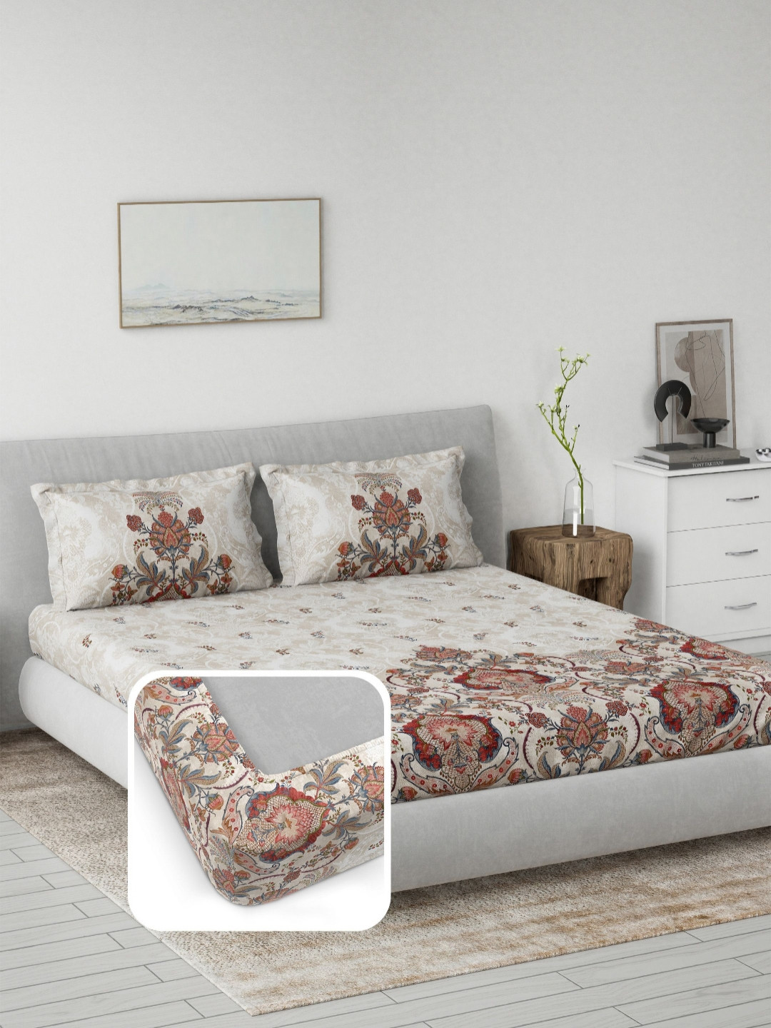 DDecor Prime Red & Brown Motifs Printed 144 TC Cotton King Bedsheet Set 1.82 m X 1.98 m