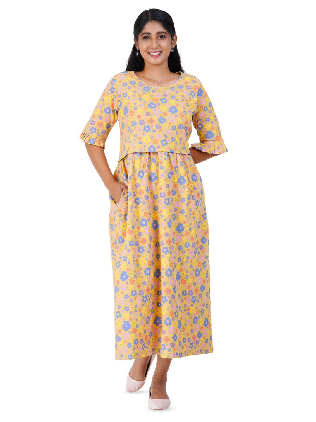 Modest Materna Women Floral Printed Flutter Sleeve Maternity Maxi Midi Dress