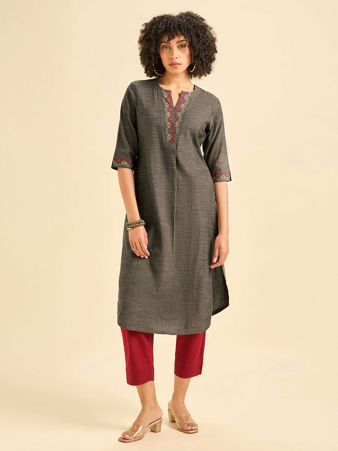 Vismay Women Festive Pure Cotton Straight Kurta With Cross Stitch Embroidery