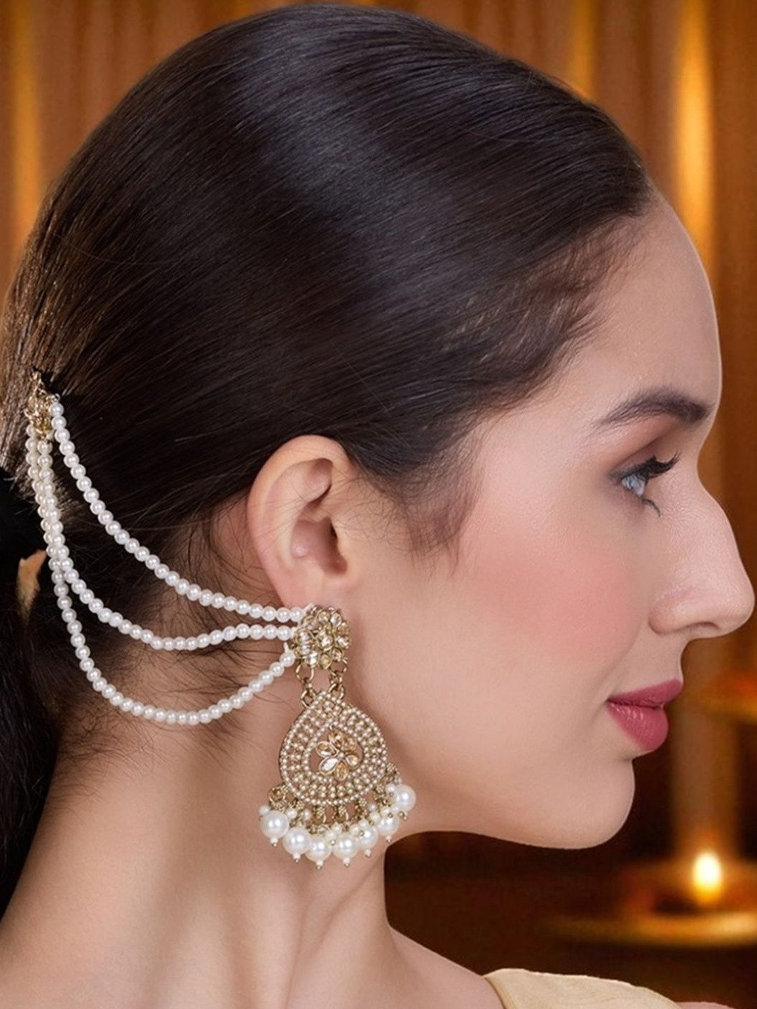 Anouk Women Gold-Plated Pearls Earrings With Ear Chain