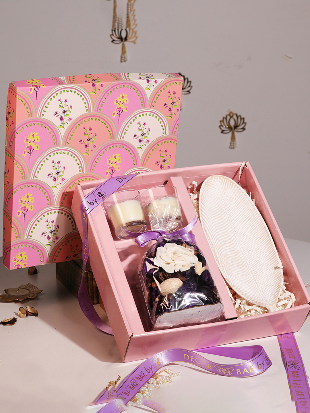 Art Street 4 Pieces Pink Candle & Lamp Diwali Gift Hamper Box