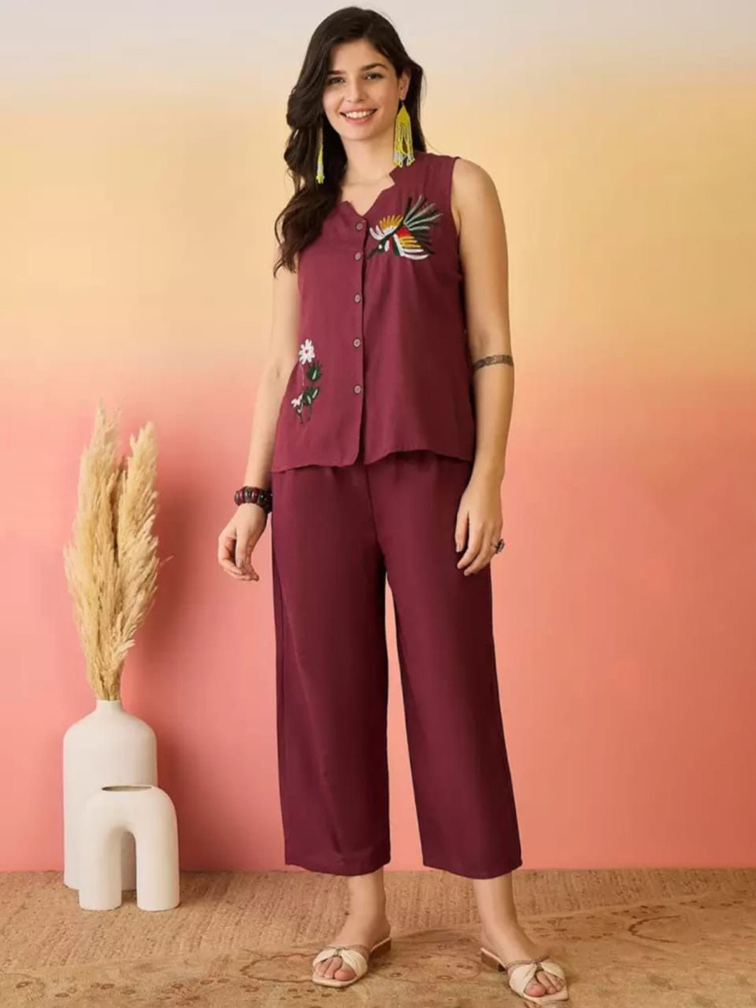Ramyka Floral Printed Mandarin Collar Pure Cotton Top With Trousers