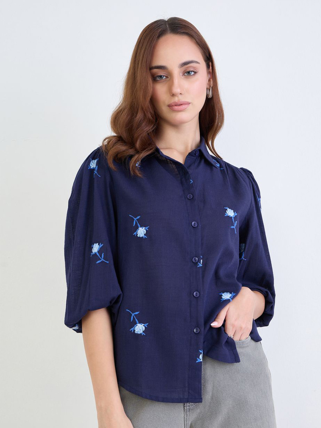 Styli Floral Embroidered Elasticated Cuffs Cotton Shirt