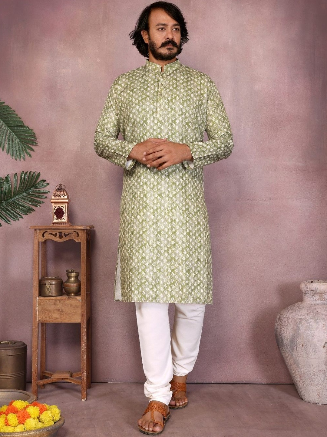 SABBAI Men Ethnic Motifs Printed Regular Pure Cotton Kurta with Churidar