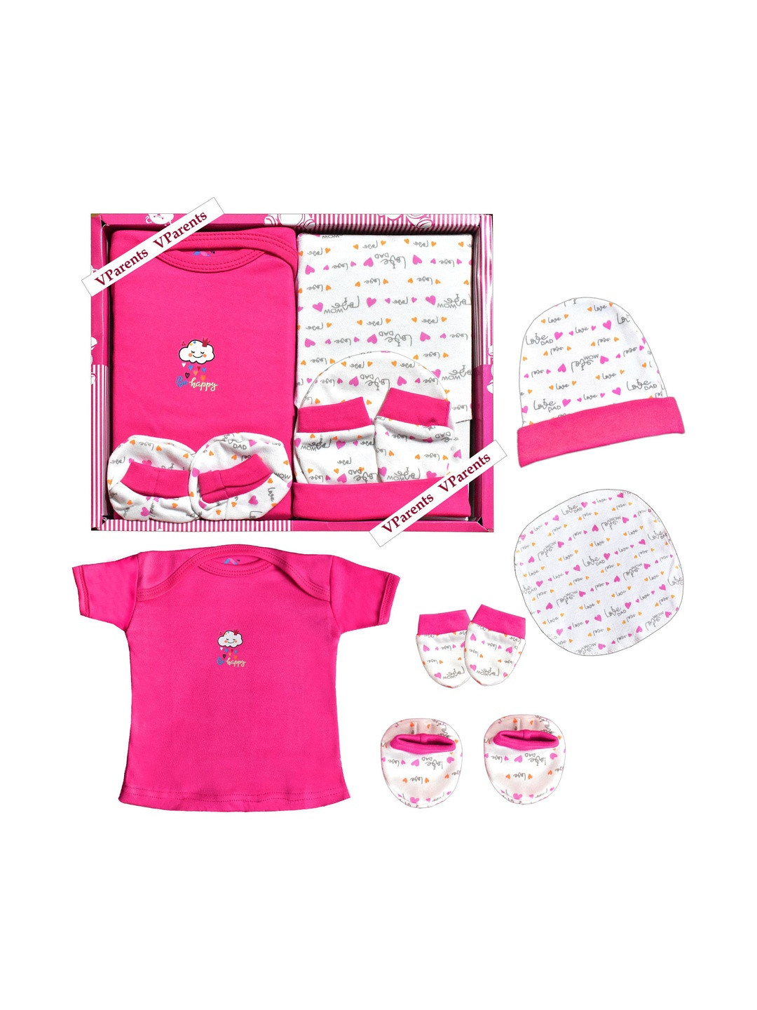 VParents Kid Pack of 5 Pink Cotton New Born Baby Apparel Gift Set