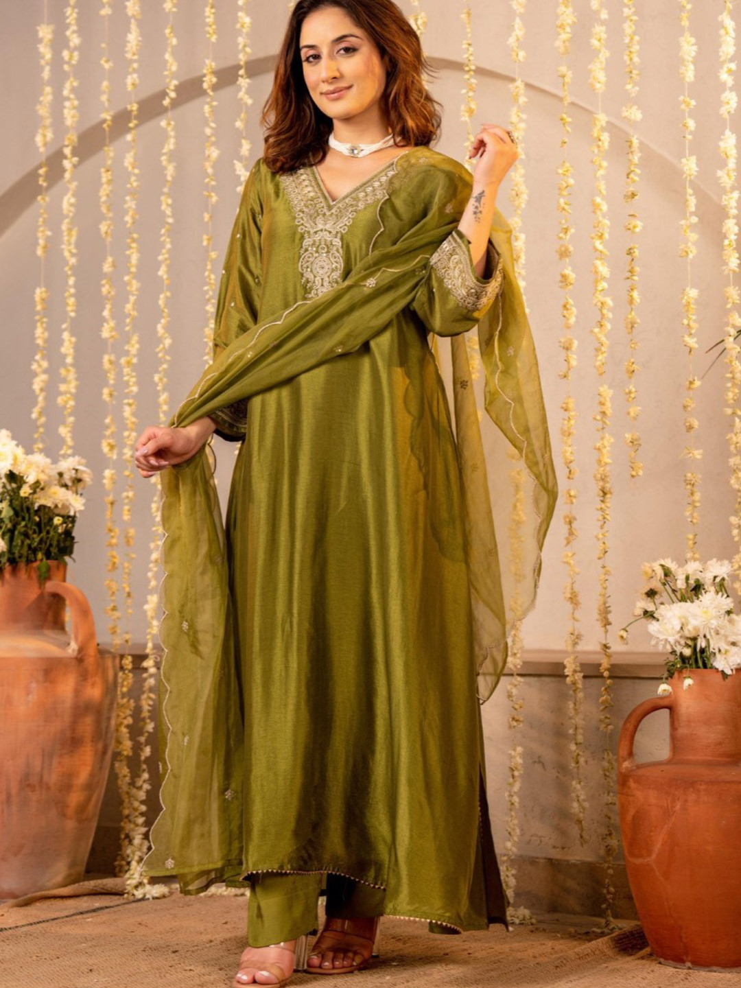 AUTUMN LANE Mahua Ethnic Motifs Yoke Design Chanderi Silk Kurta With Palazzos & Dupatta