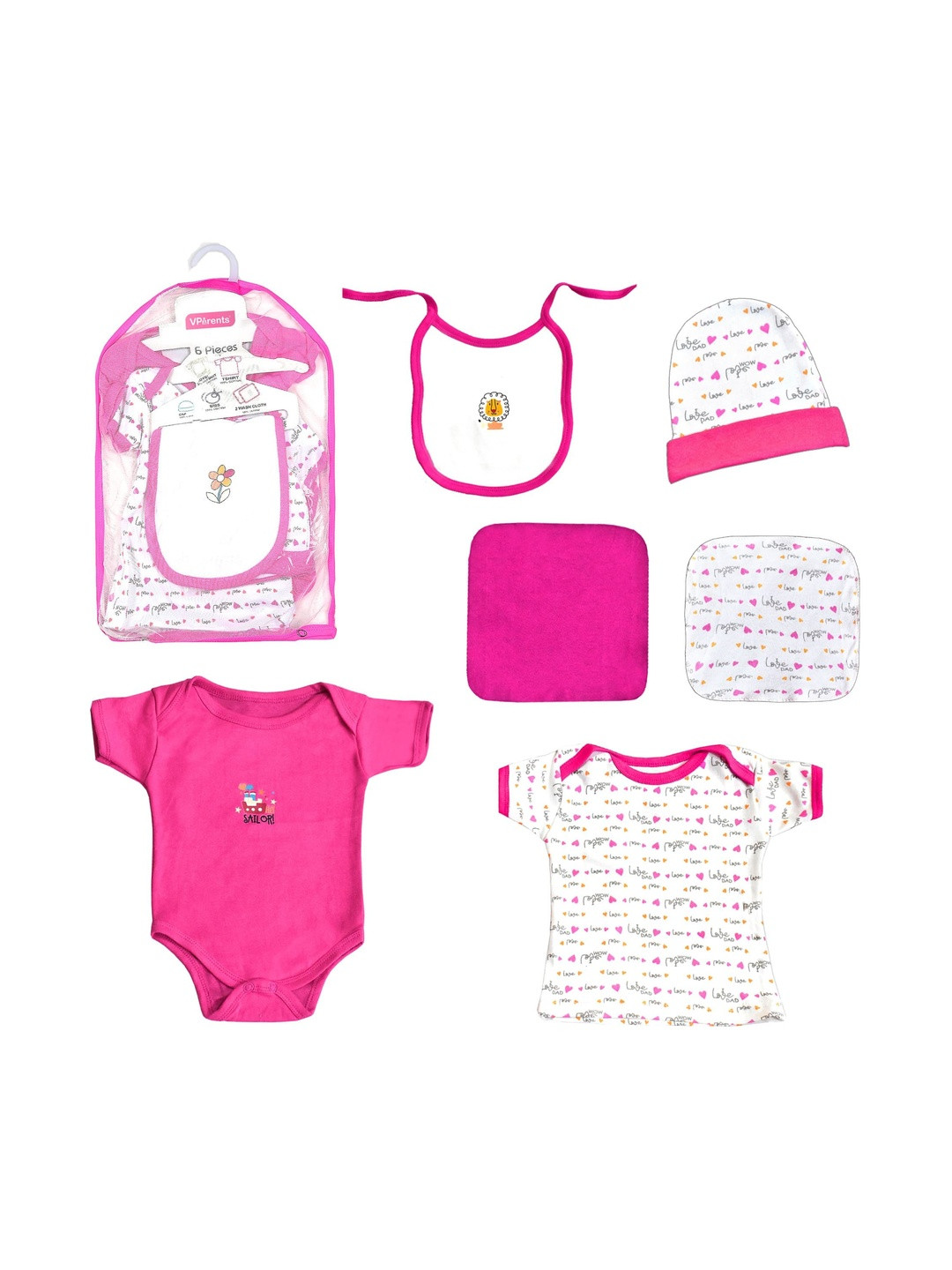 VParents Kids Pink & White Pack Of 6 Printed Cotton Baby Apparel Gift Set
