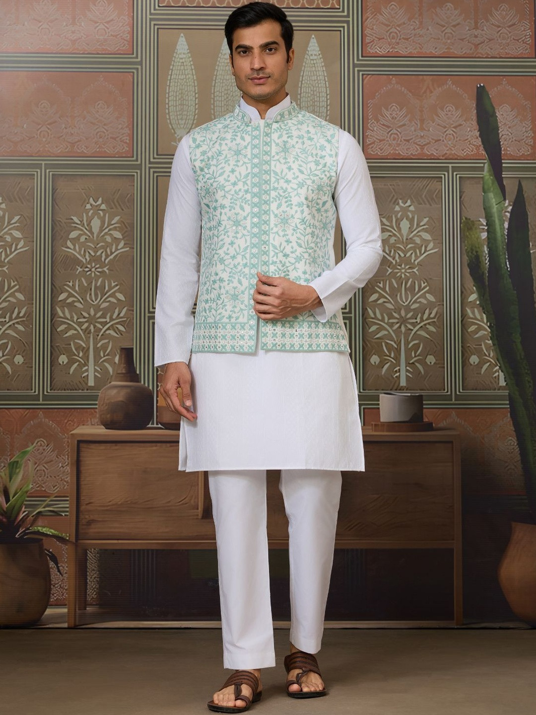 ODETTE Men White Cotton Blend Stitched Kurta Set With Embroidered Jacket