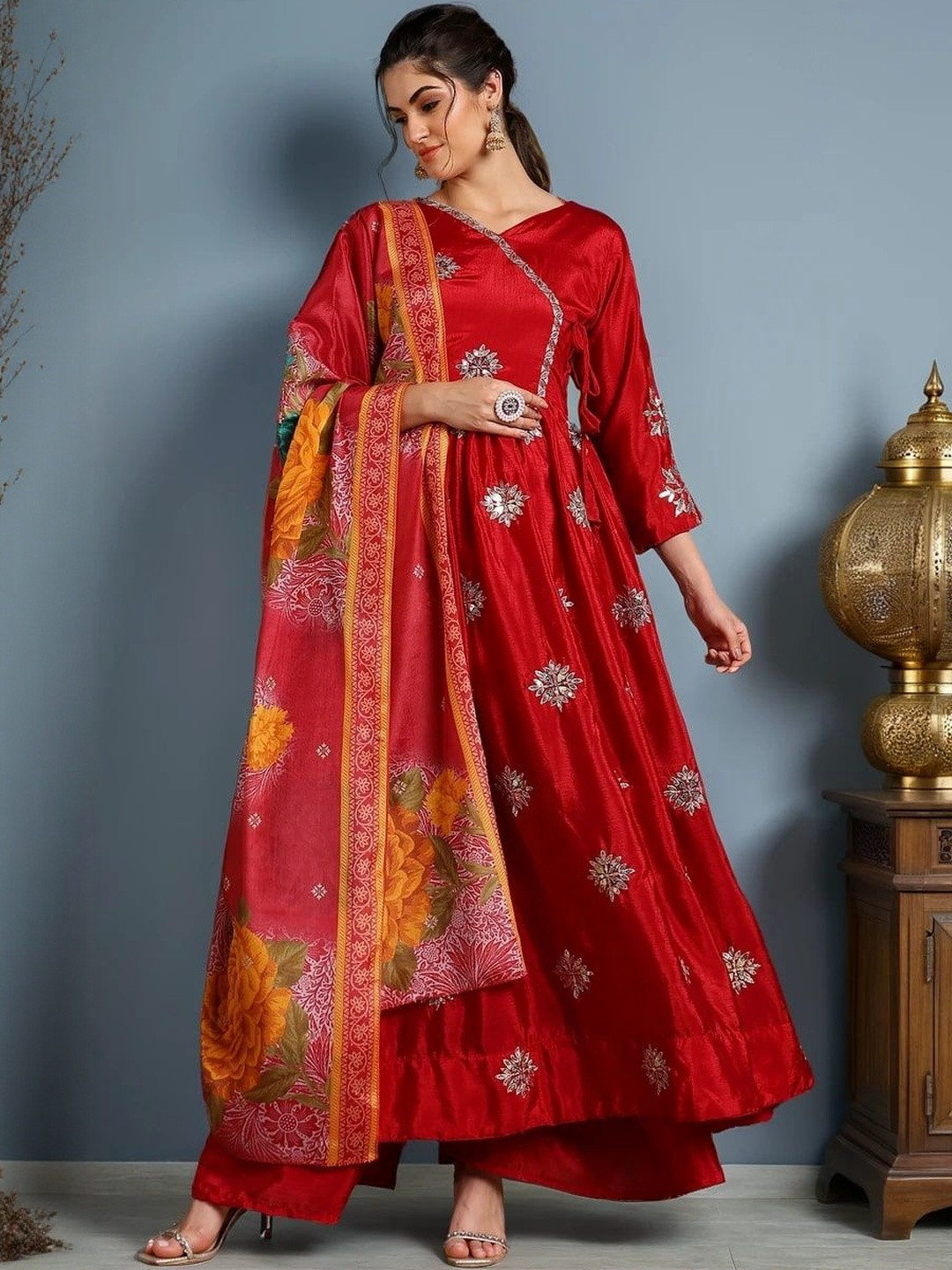 INDIAN POSHAK Women Floral Embroidered A-Line Kurta with Palazzos & Dupatta