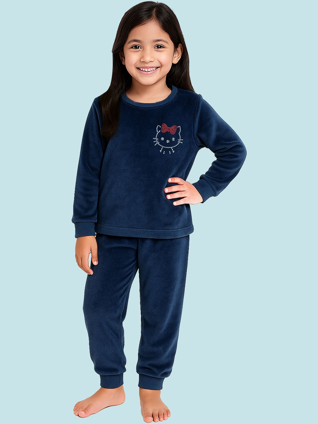 KUCHIPOO Girls Blue Velvet Winterwear Sweatshirt  & Trackpant Set