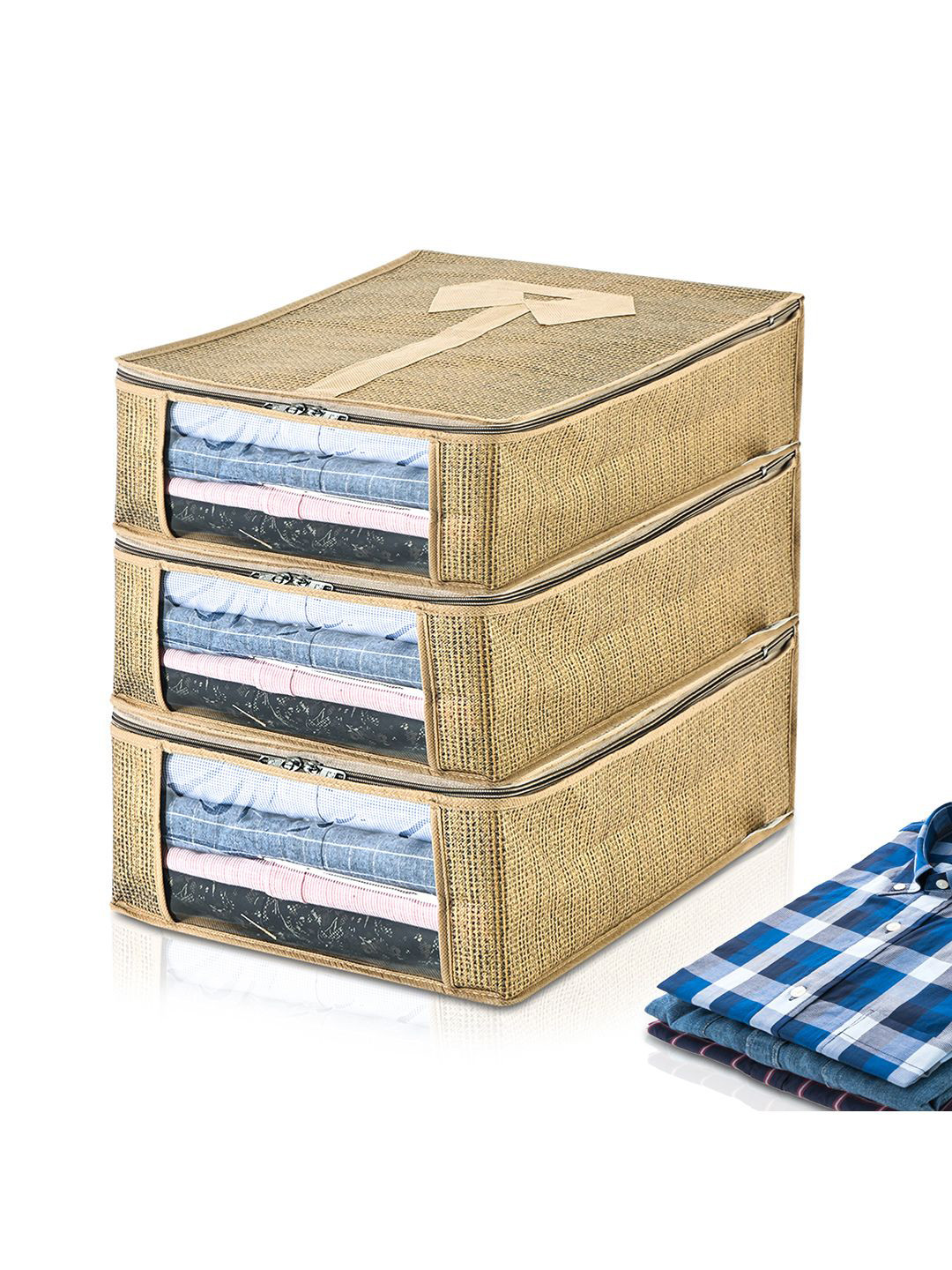 Kuber Industries Gold-Toned 3 Pieces Shirt Cover Multi-Utility Organisers