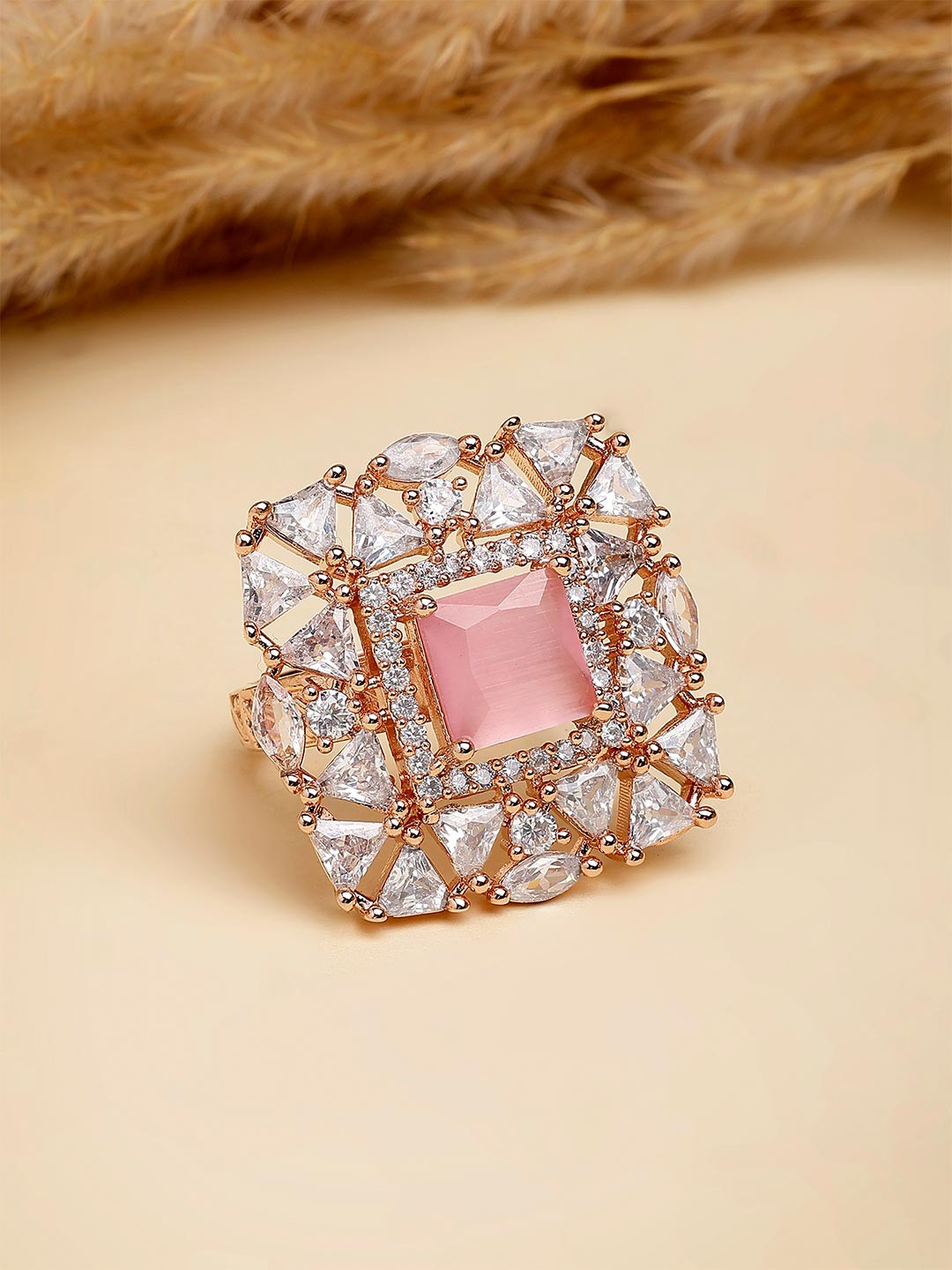 KARATCART Rose Gold-Plated Pink & White CZ Studded Finger Ring
