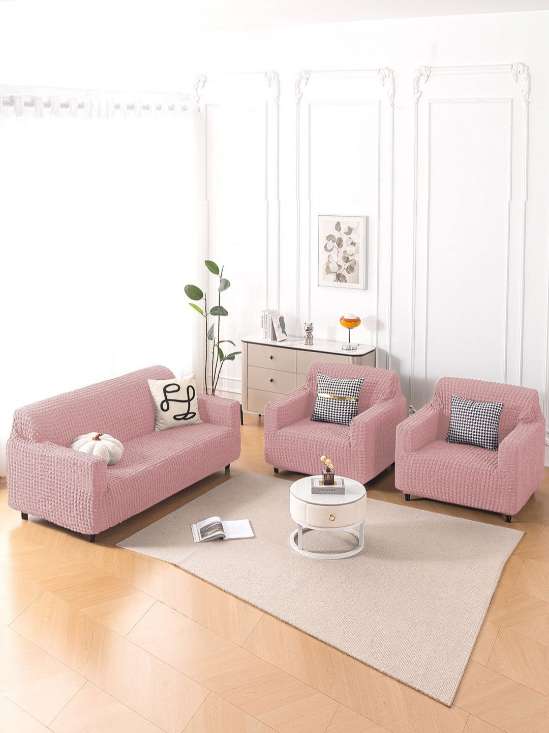 HOKIPO Aria Nova Tea Rose Pink 3 Pieces 280 GSM 5 Seater Fully Covered Bubble Sofa Covers