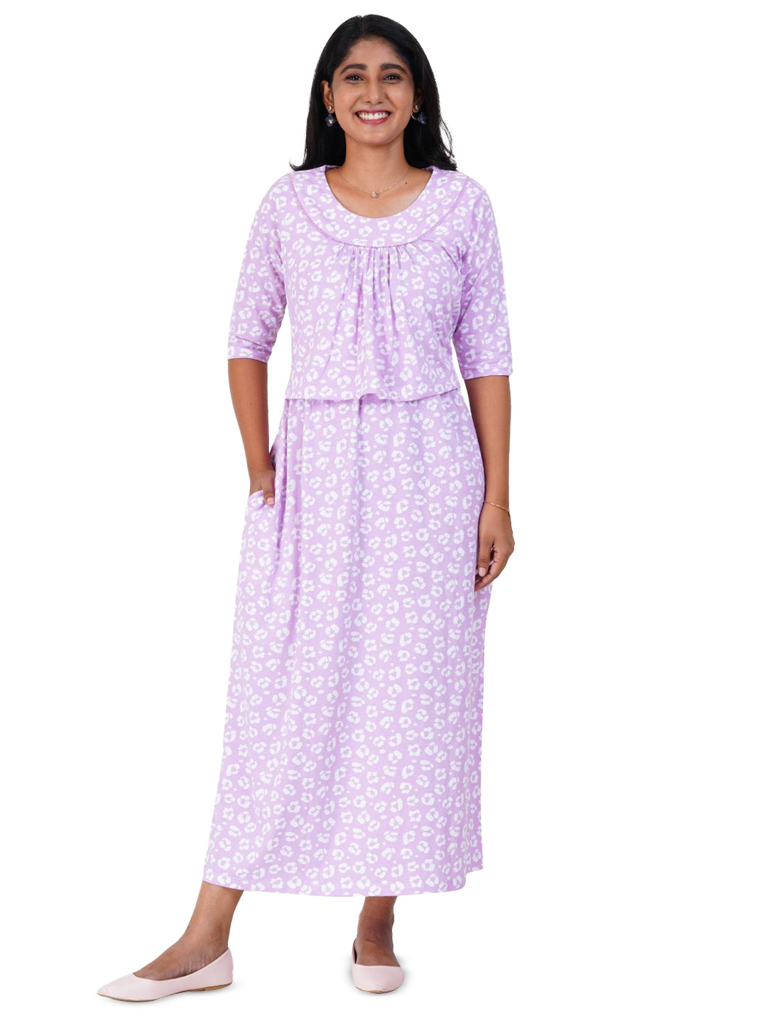 Modest Materna Floral Printed Gathered or Pleated Maternity Maxi Dress