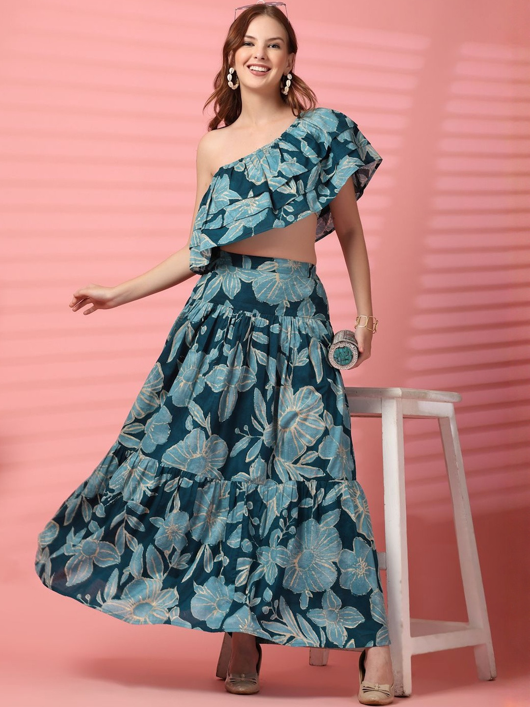 KALINI Women Off Shoulder Pure Cotton Floral Crop Top and Skirt Co-Ord Set