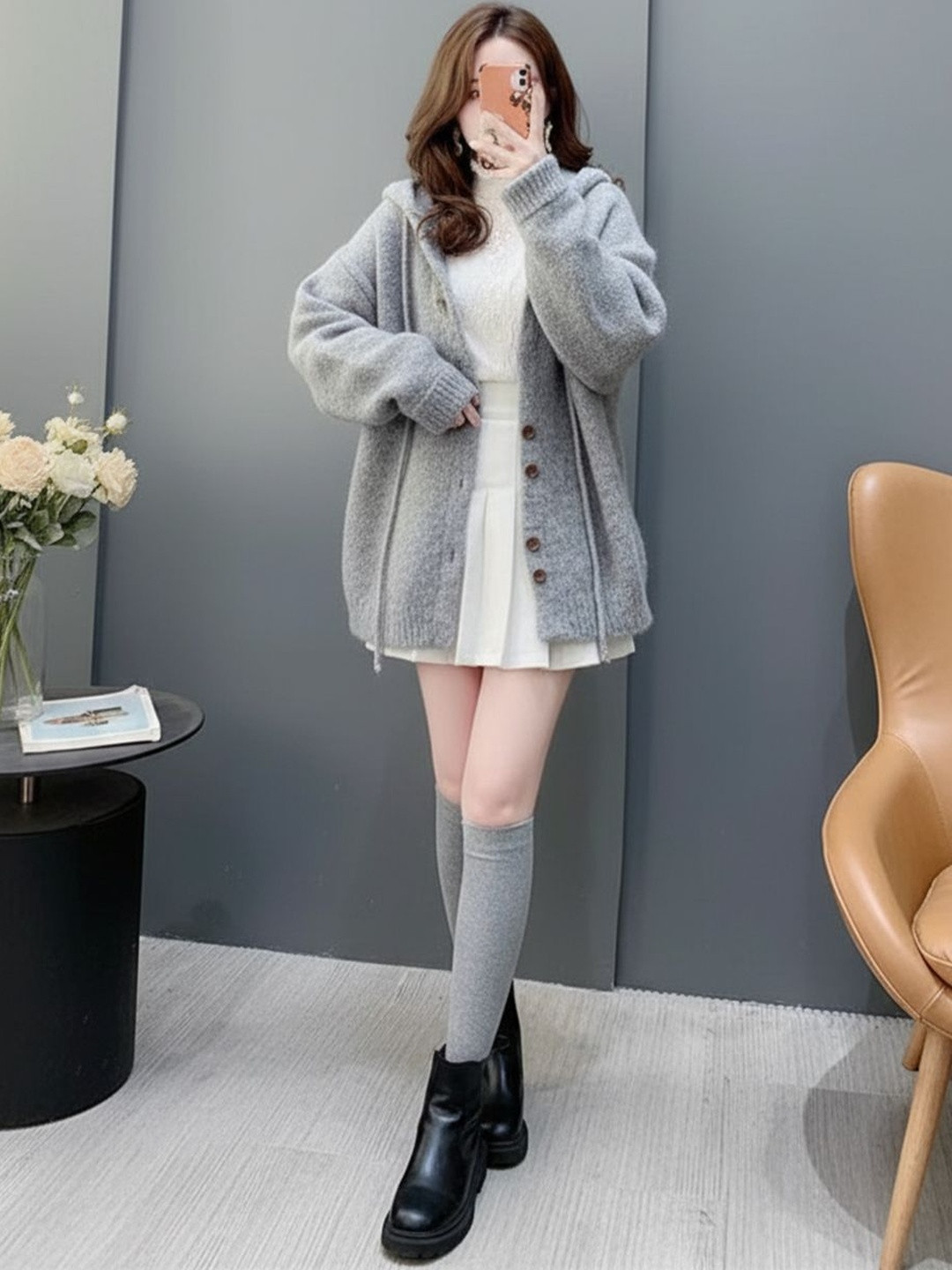 HERE&NOW Women Grey Solid Hooded Sweater