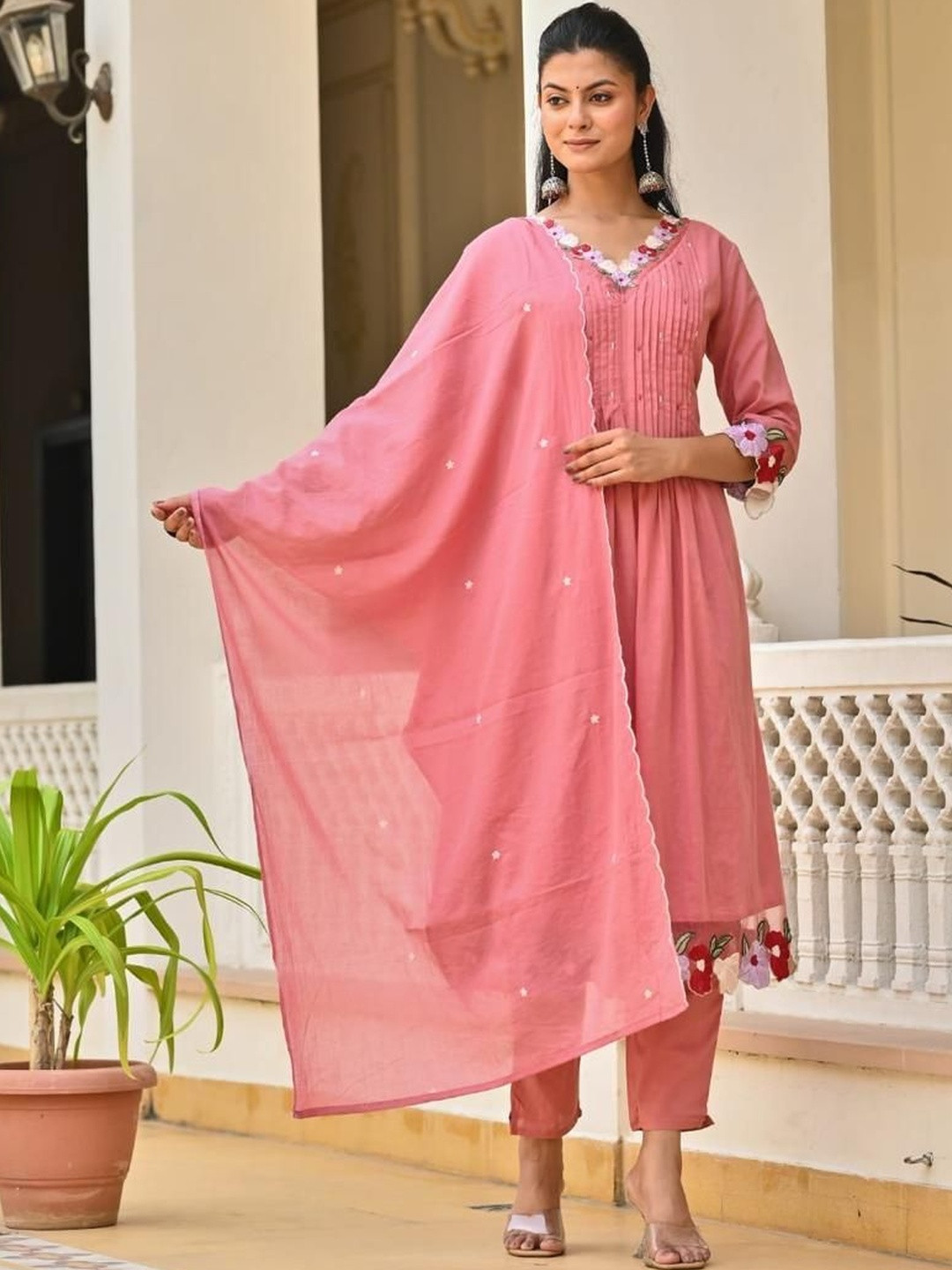 APNASA Floral Panelled Thread Work Pure Cotton Anarkali Kurta With Trousers & Dupatta