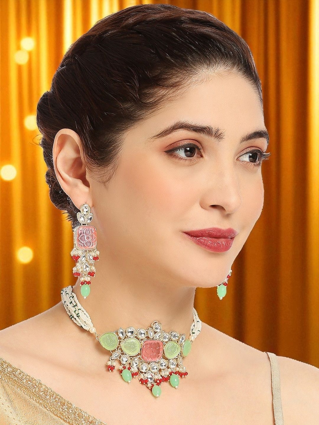 Anouk Women Pink & Mint Green Engraved Jaipur Stones & Kundan Jewellery Set With Ring