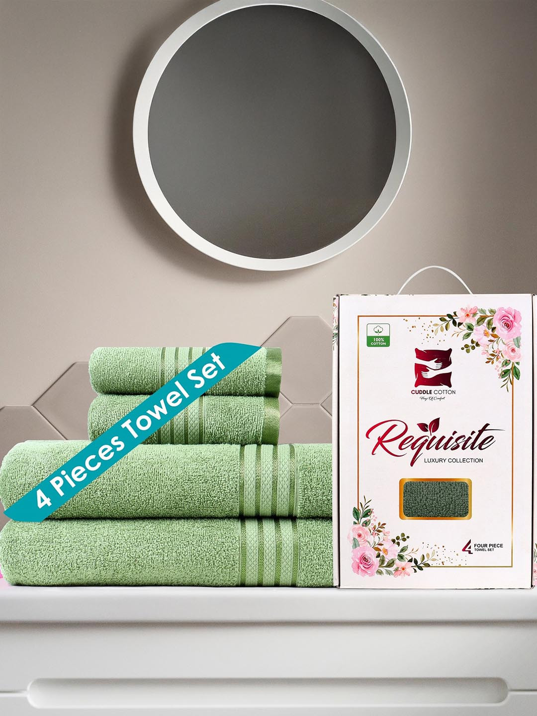 Cuddle cotton Green 4 Piece Cotton 400 GSM Towel Set