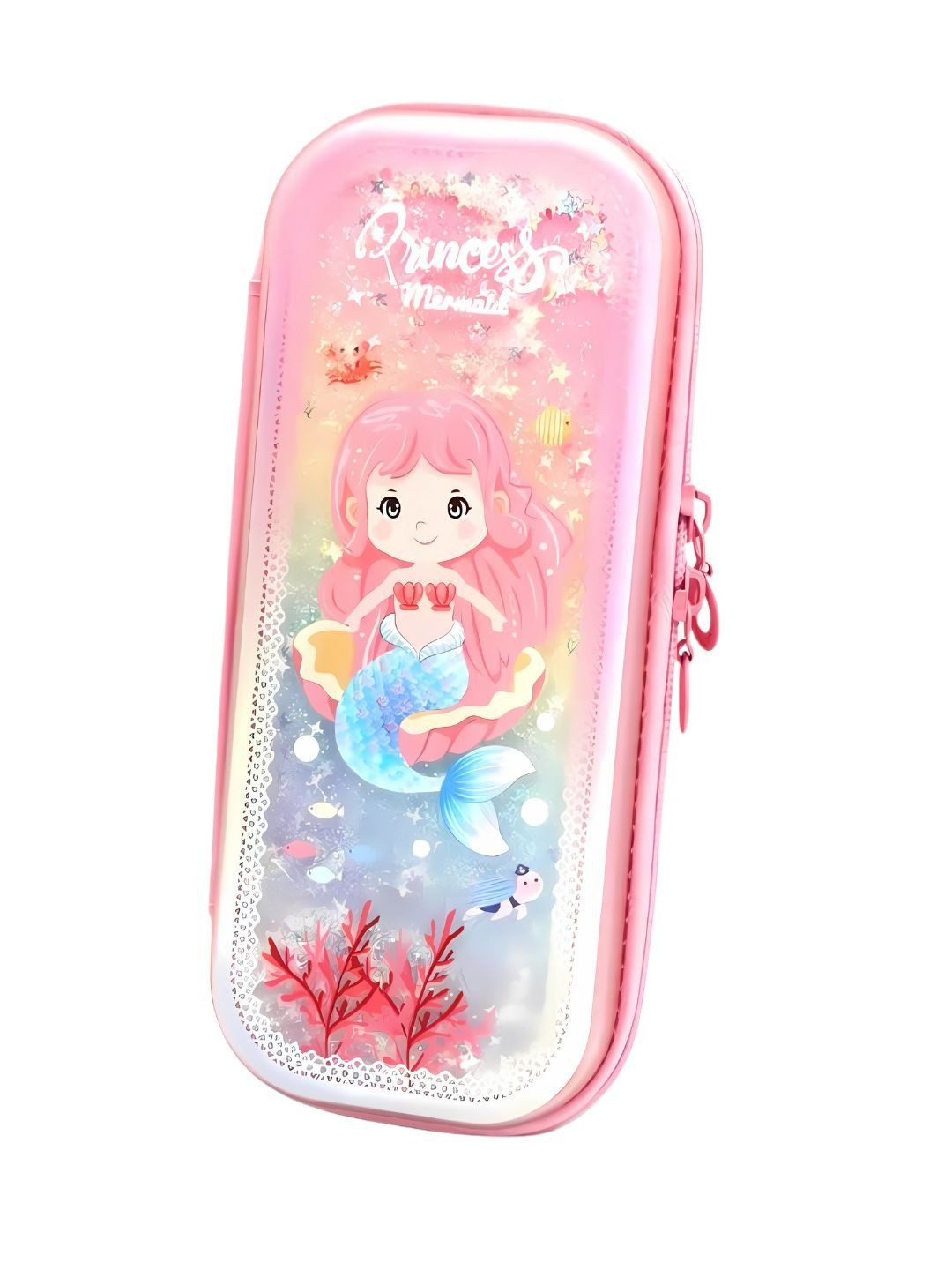 YK Girls Pink Plastic Stationery Organizer Cute Glitter Pencil Pouch