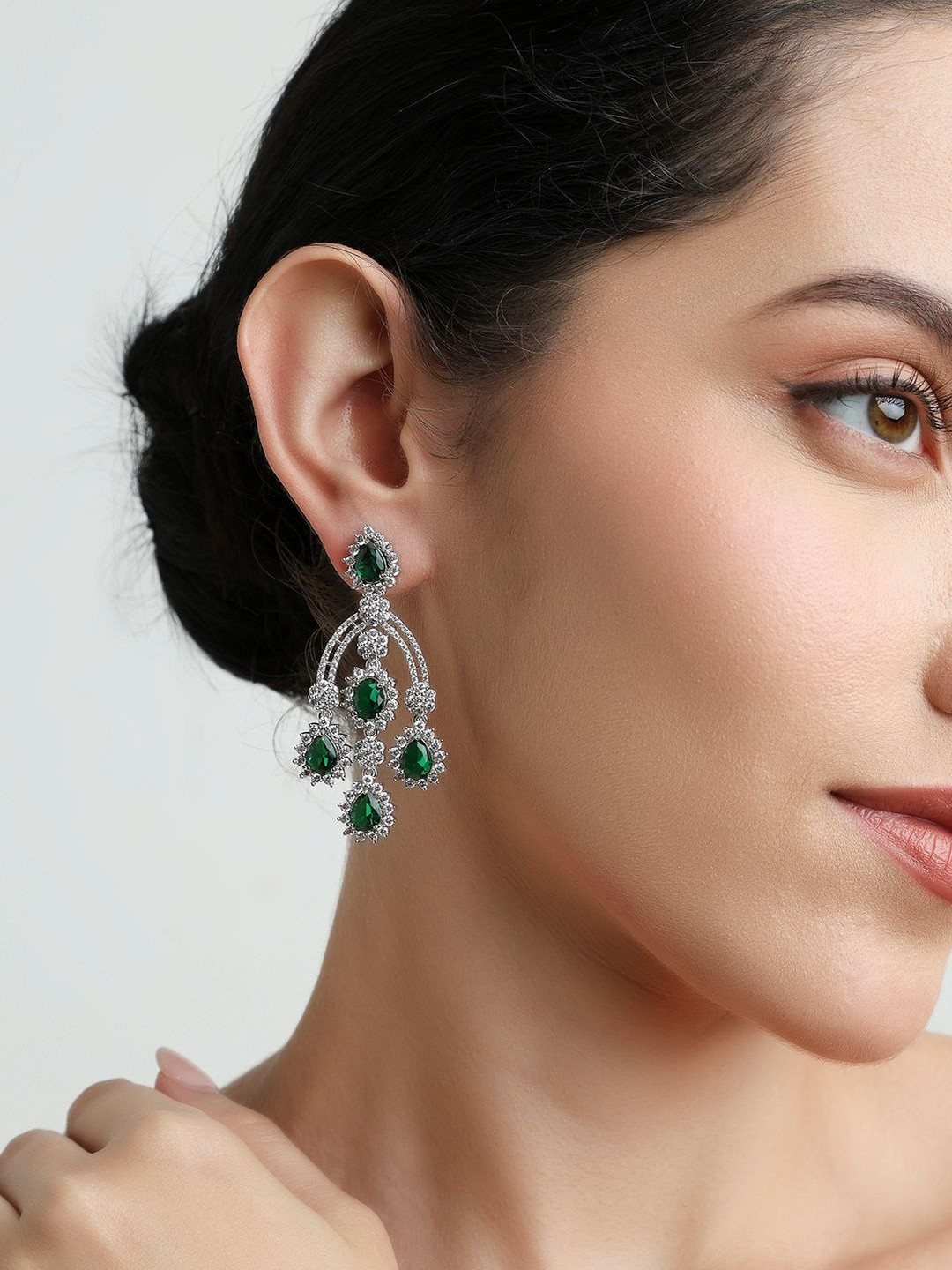 QUEENS NECK American Diamond And Emerald Studded Teardrop Shaped Drop Earrings