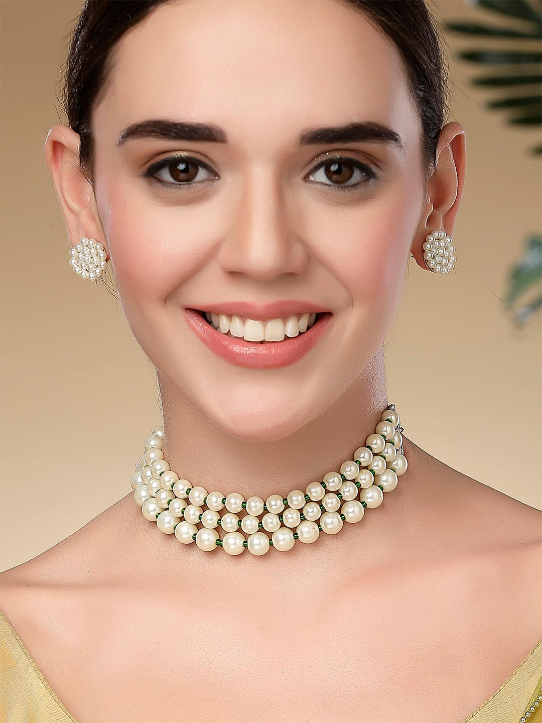 KARATCART Gold Plated Pearls Beaded Choker Necklace Jewellery Set
