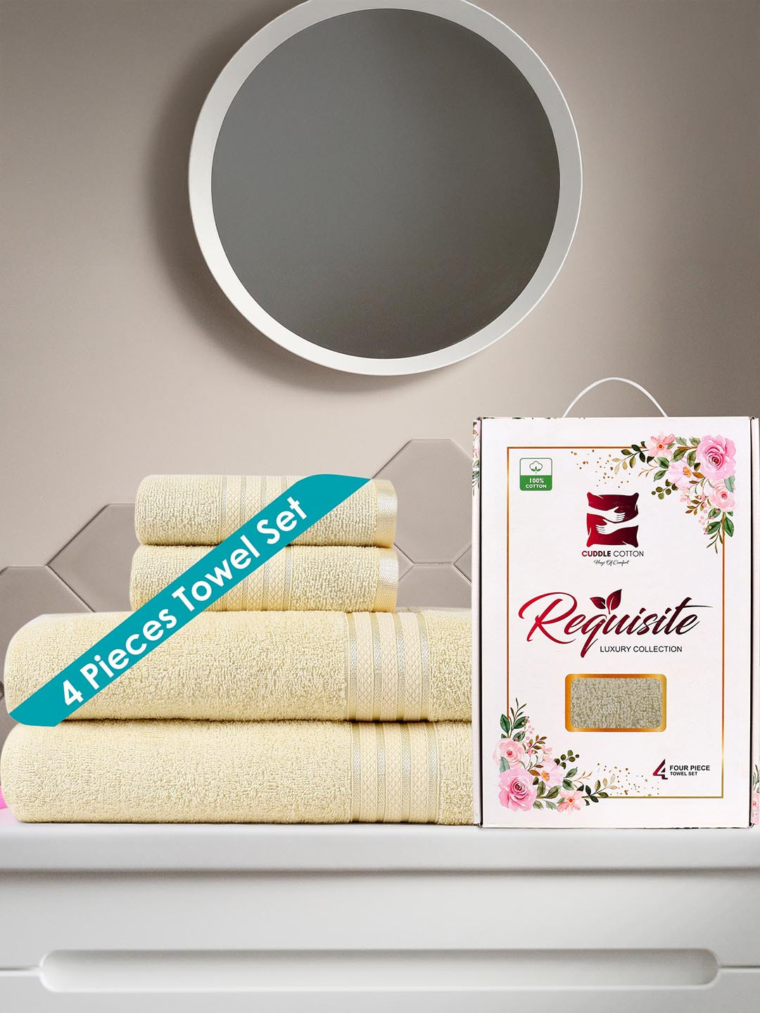 Cuddle cotton Yellow 4 Piece Cotton 400 GSM Towel Set