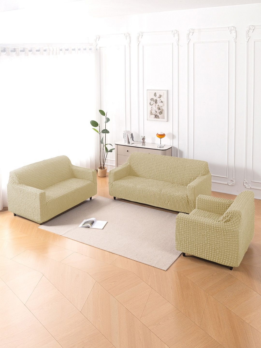 HOKIPO Aria Nova Beige 3 Pieces 6 Seater Stretchable Fully Covered Bubble Sofa Covers