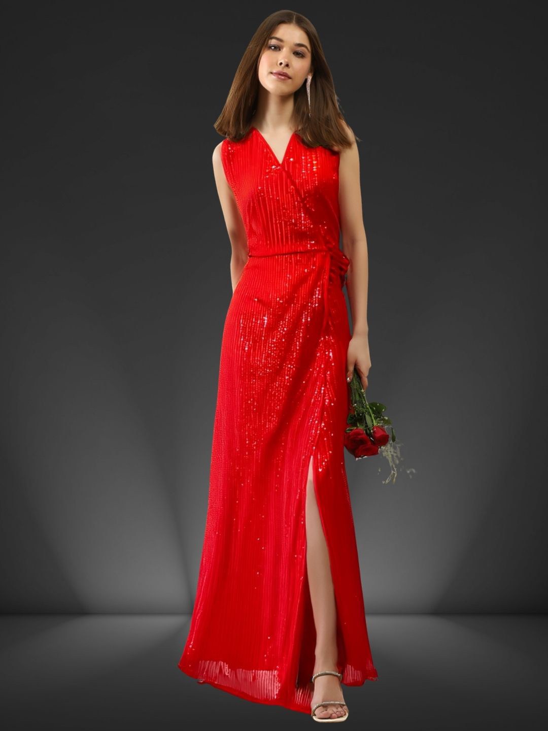 Sera Women Solid Embellished V-Neck Wrap Maxi Dress