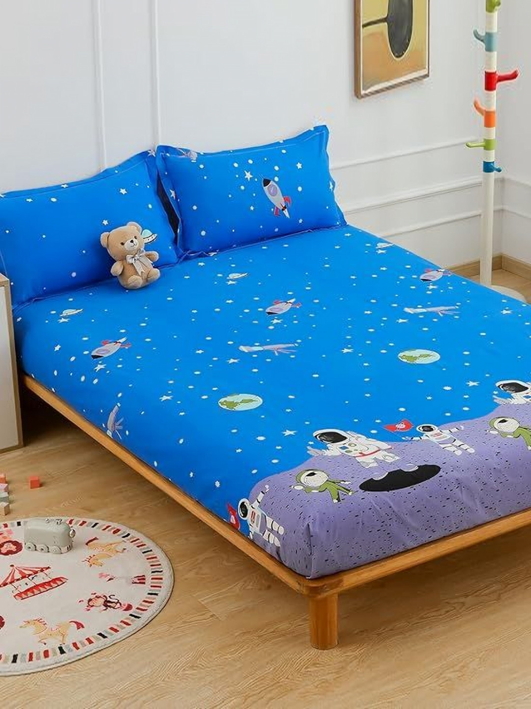 LUZDECOR Kids Blue & White Cartoon Characters Queen Microfiber Bedsheet Set-2.29m  x 2.54m
