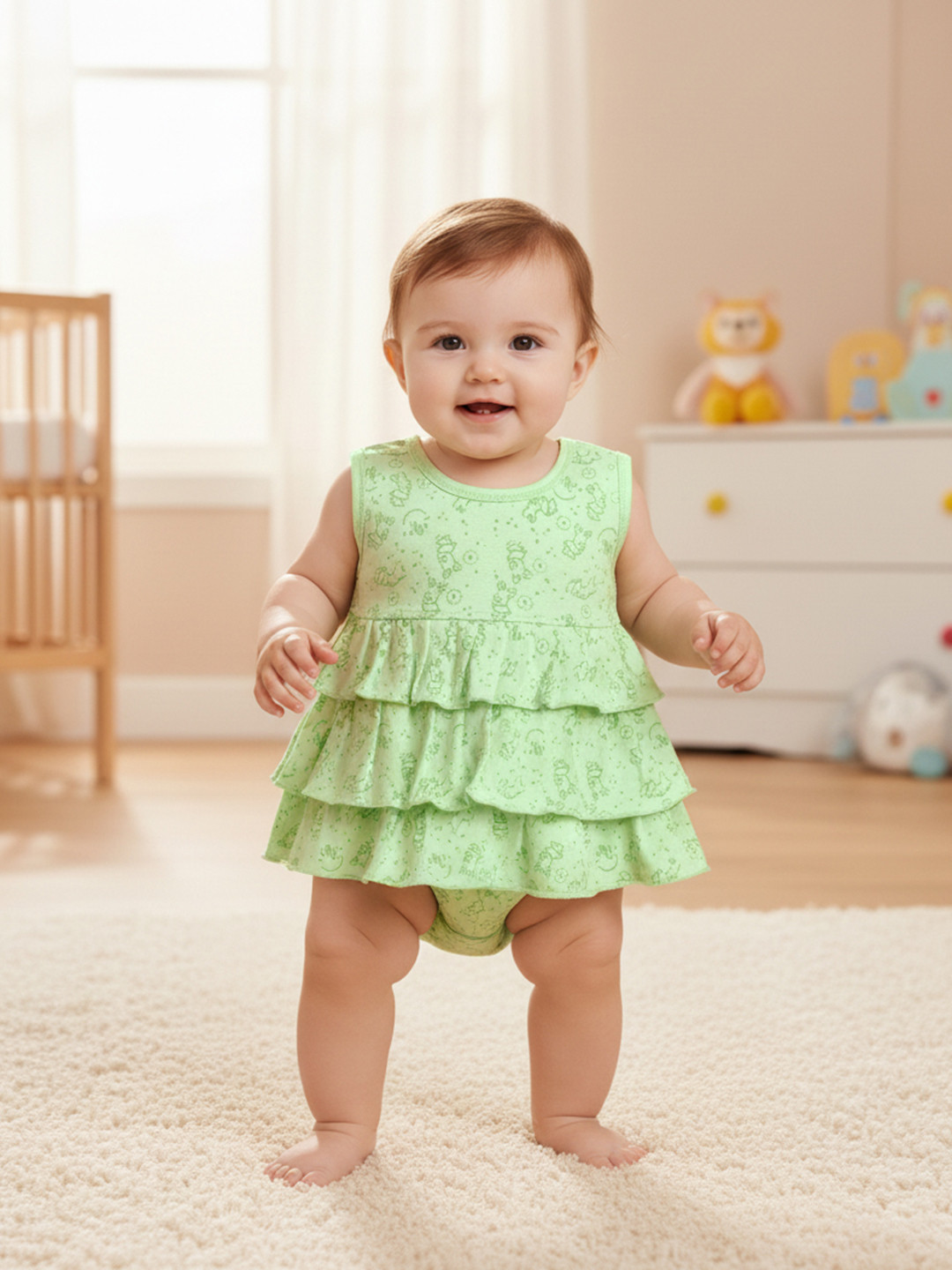 BABYMAX Infant Girls Printed Layered Pure Cotton Fit & Flare Dress With Bloomers