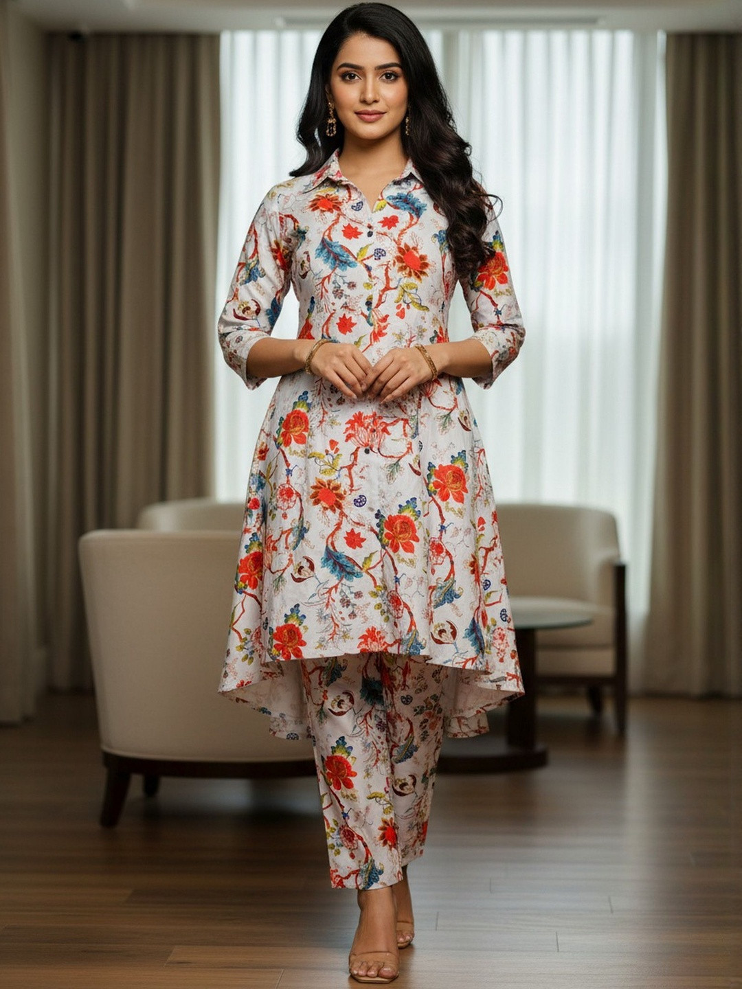 FABLAND Floral Printed A-Line Shirt Collar High-Low Kurta With Trousers