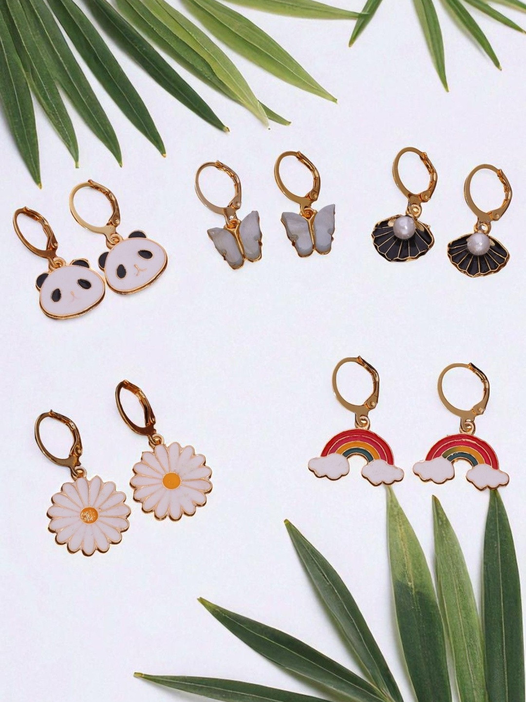 Anouk Set Of 5 Gold-Plated Pearls Studded Enamelled Quirky Panda Shaped Drop Earrings