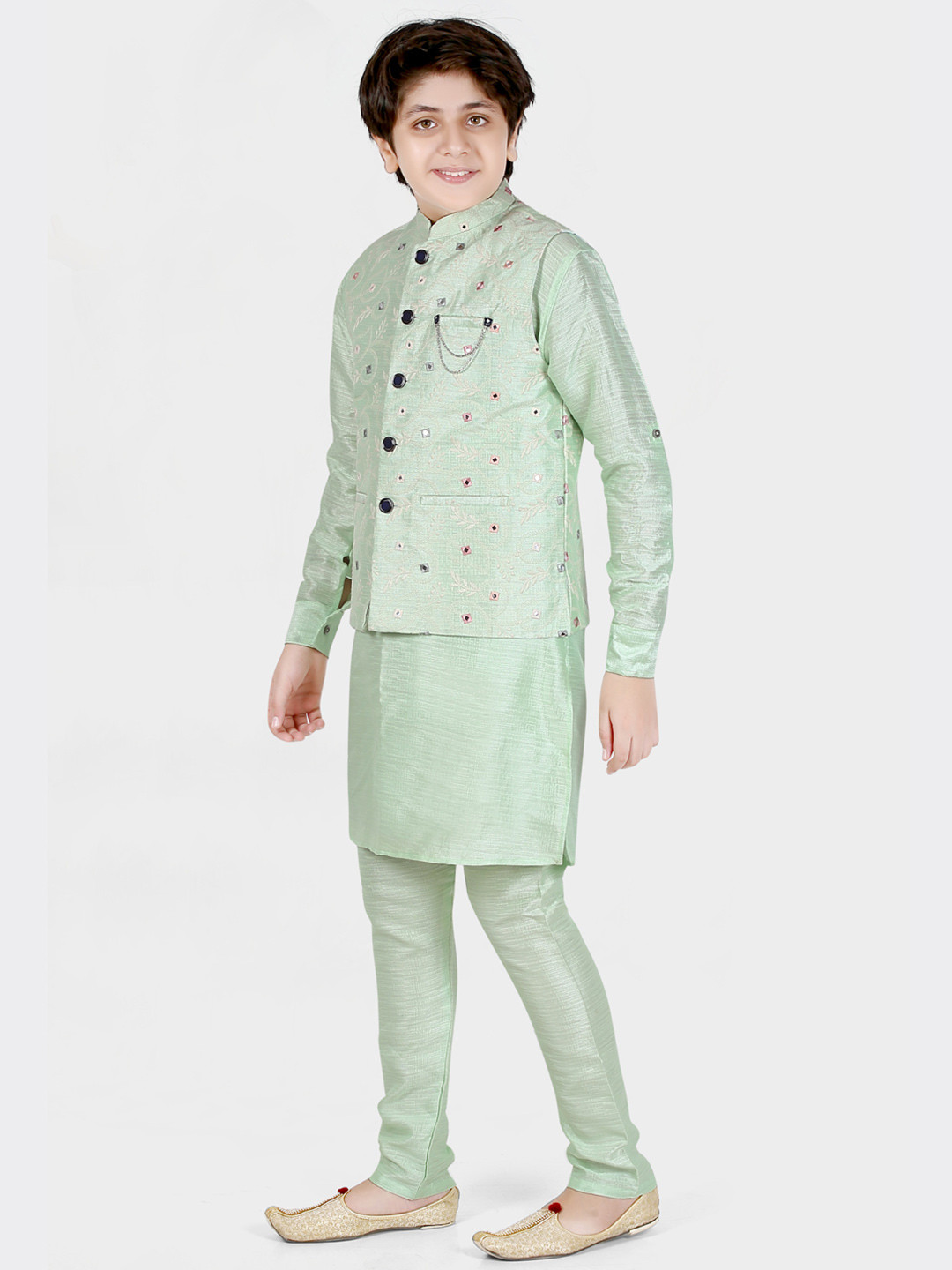 CAVIO Boys Sea Green Kurta with Pyjama & with Nehru Jacket