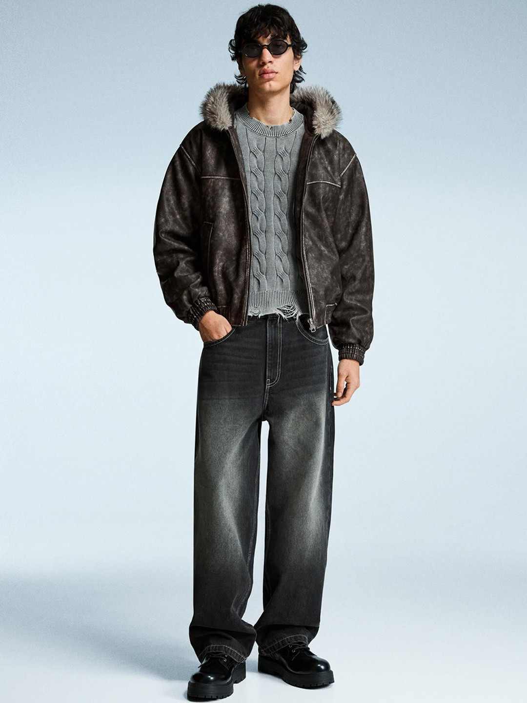 Bershka Camouflage Faux Leather Hooded Padded Jacket