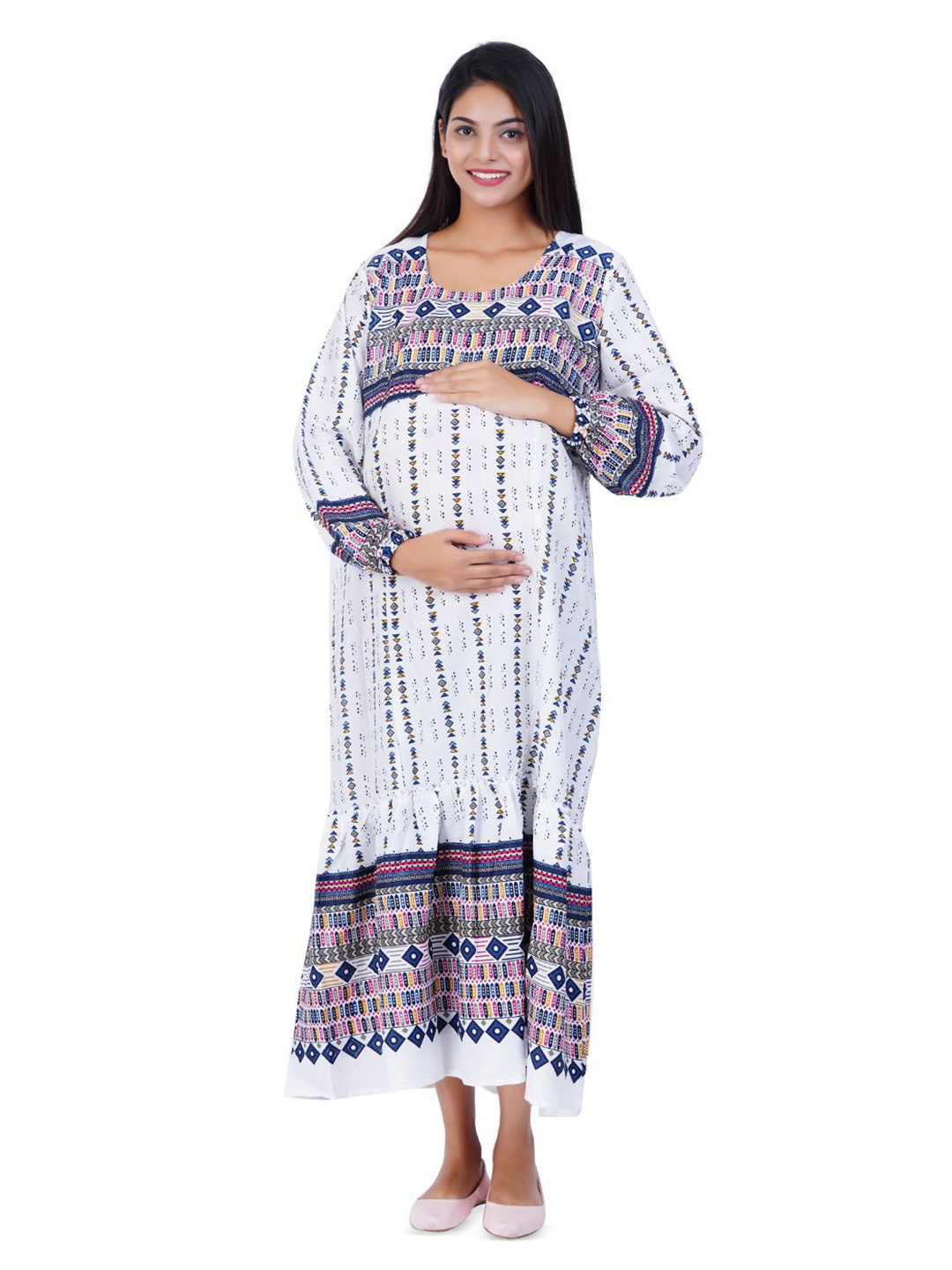 Modest Materna Women Round Neck Maternity Kaftan Maxi Dress