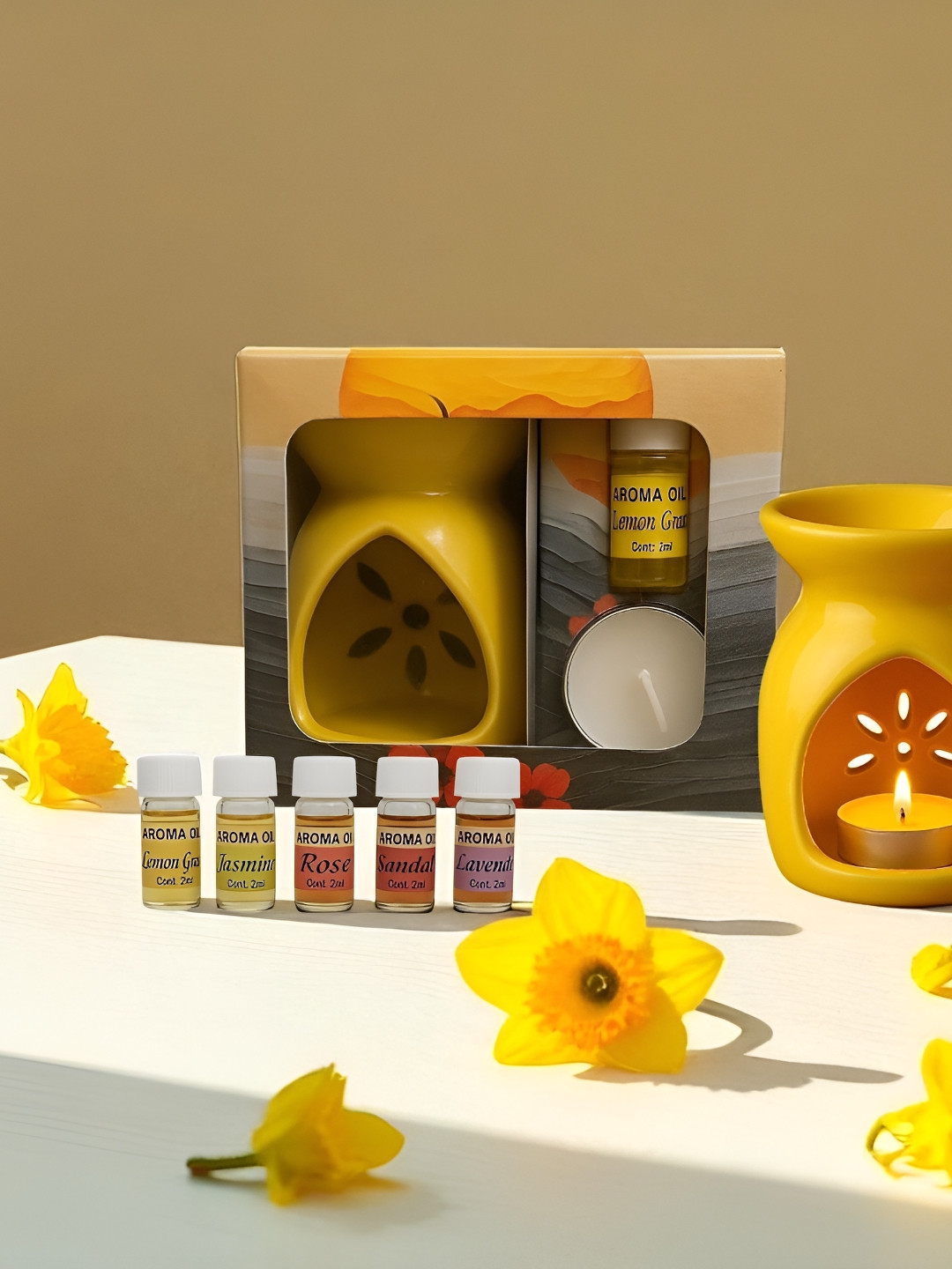 Ascension Yellow & White 7 Pieces Ceramic Aroma Oil Diffusers With 5 Fragrance Oils -2 ml