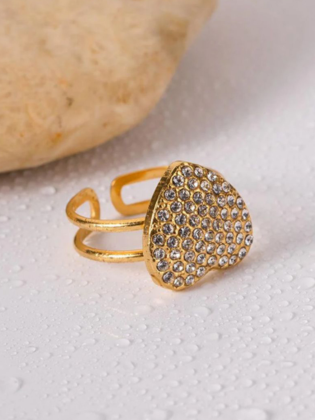 DIMPLERY 18K Gold Plated Stainless Steel Stone Studded Sparkle Heart Shaped Finger Ring