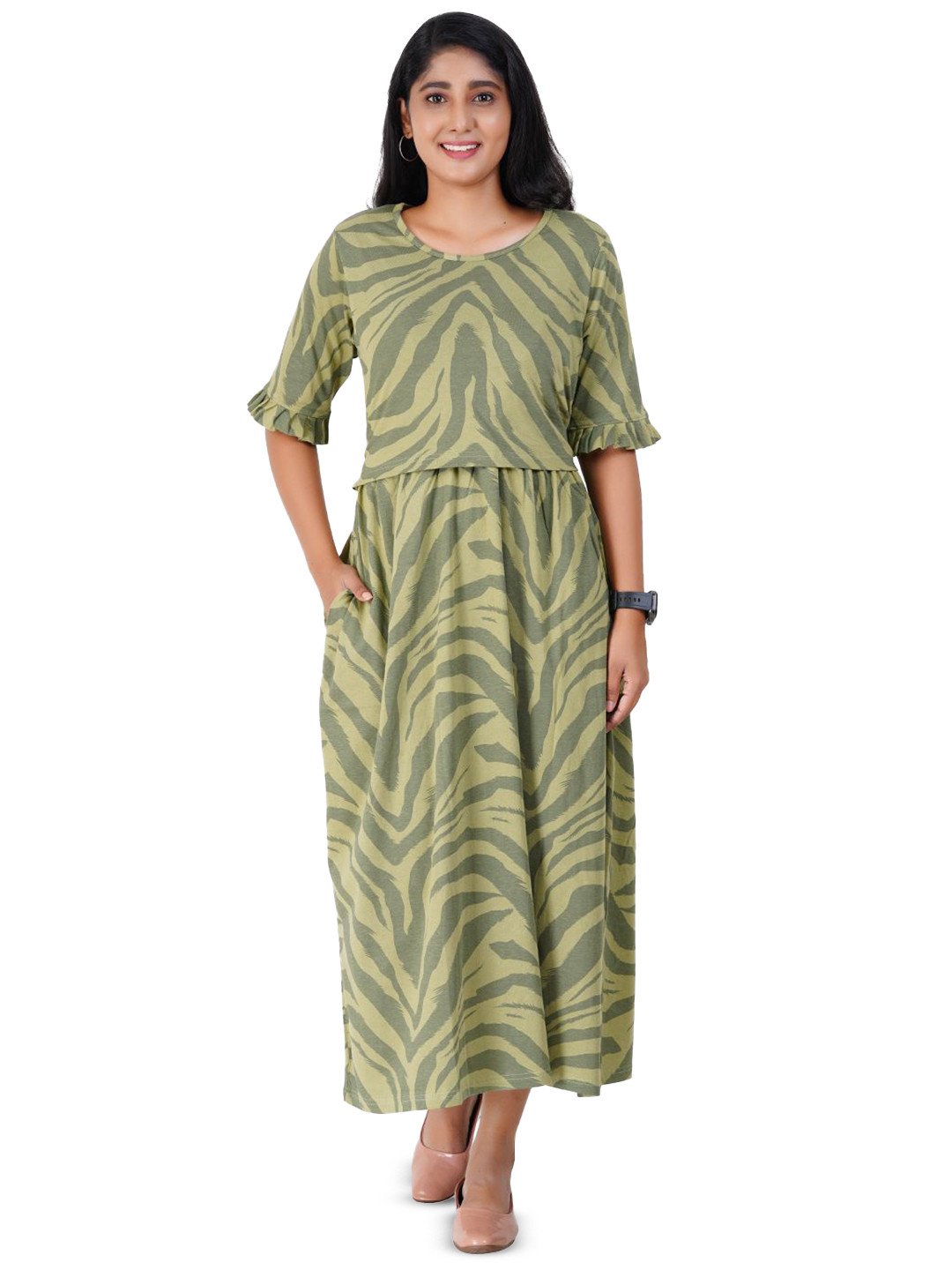 Modest Materna Women Animal Printed Round Neck  Maxi Midi Dress