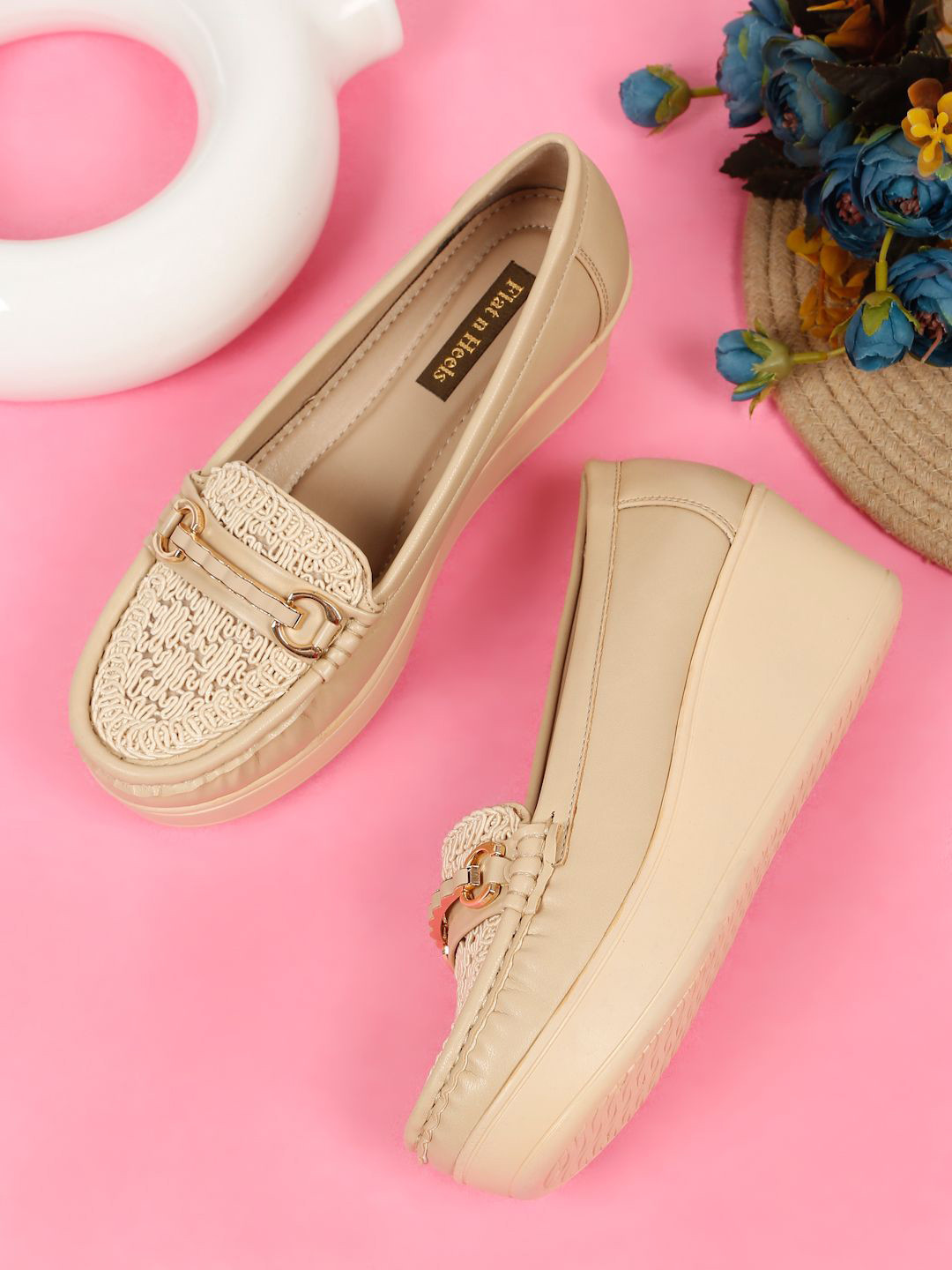 Flat n Heels Women Woven Design Round Toe Horsebit Loafers