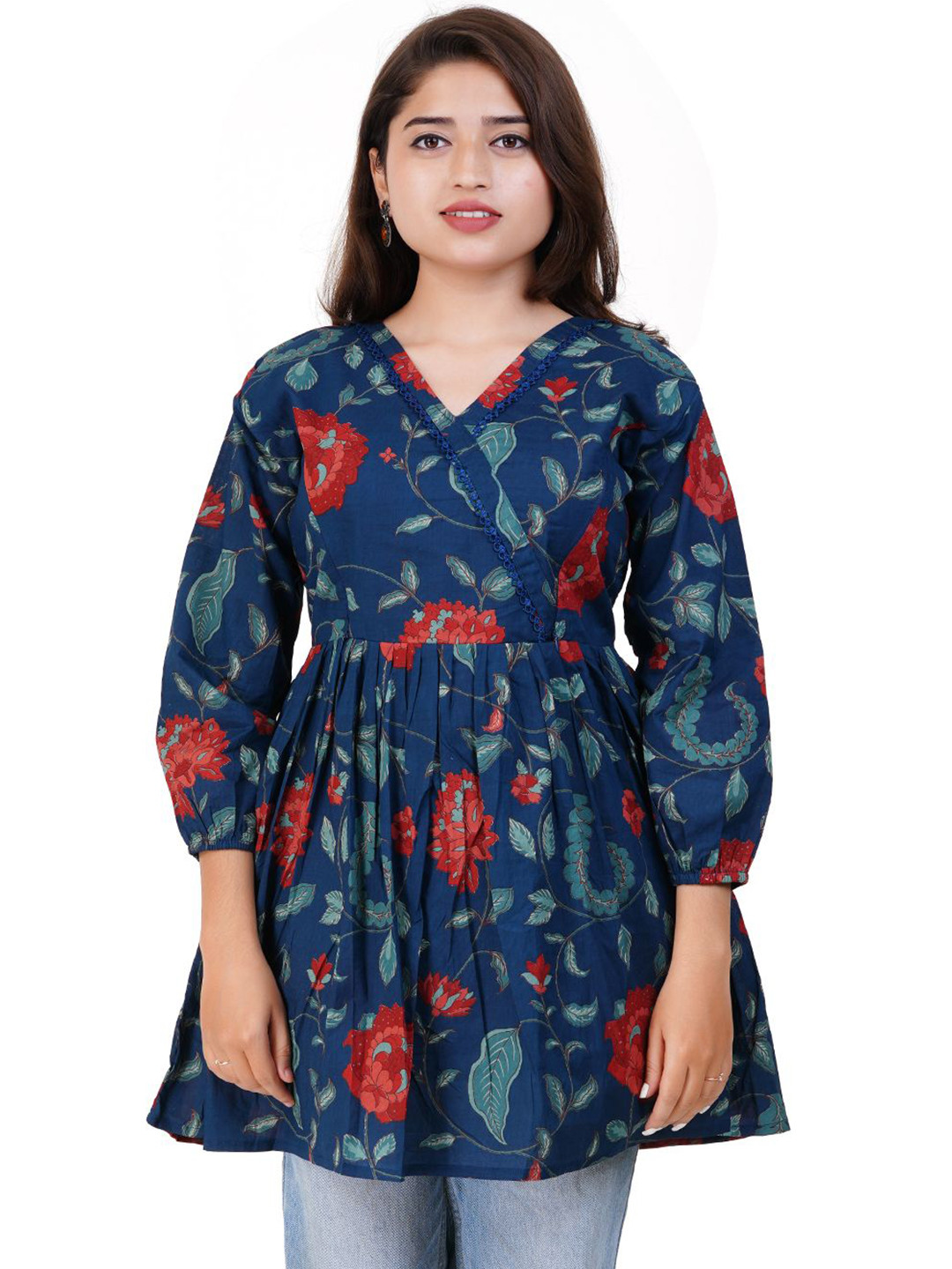 Modest Materna Floral Printed Puff Sleeve Cotton Maternity Longline Wrap Top