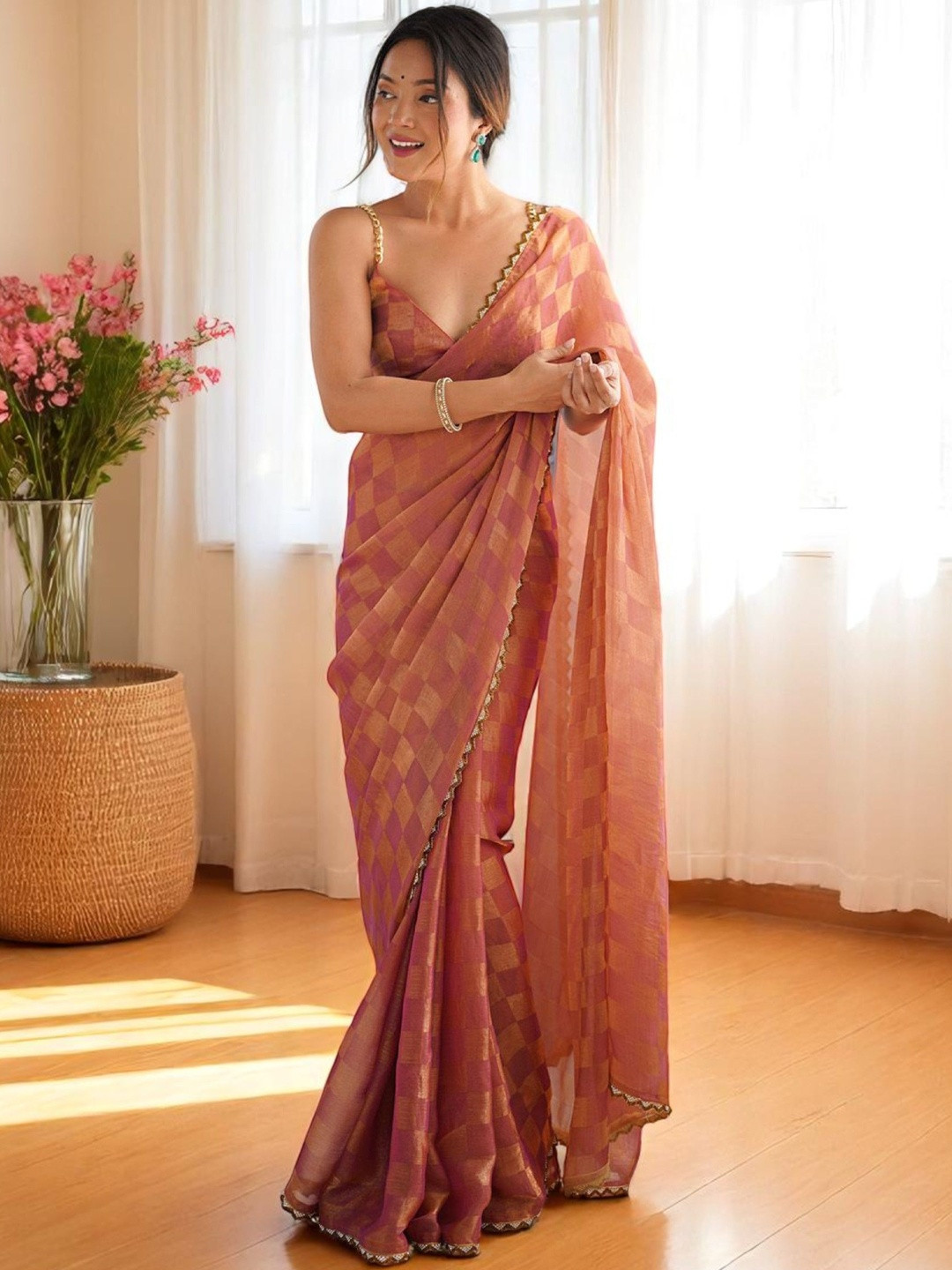 all about you Woven Design Embelished Beads and Stones Scallop Border Pure Chiffon Saree