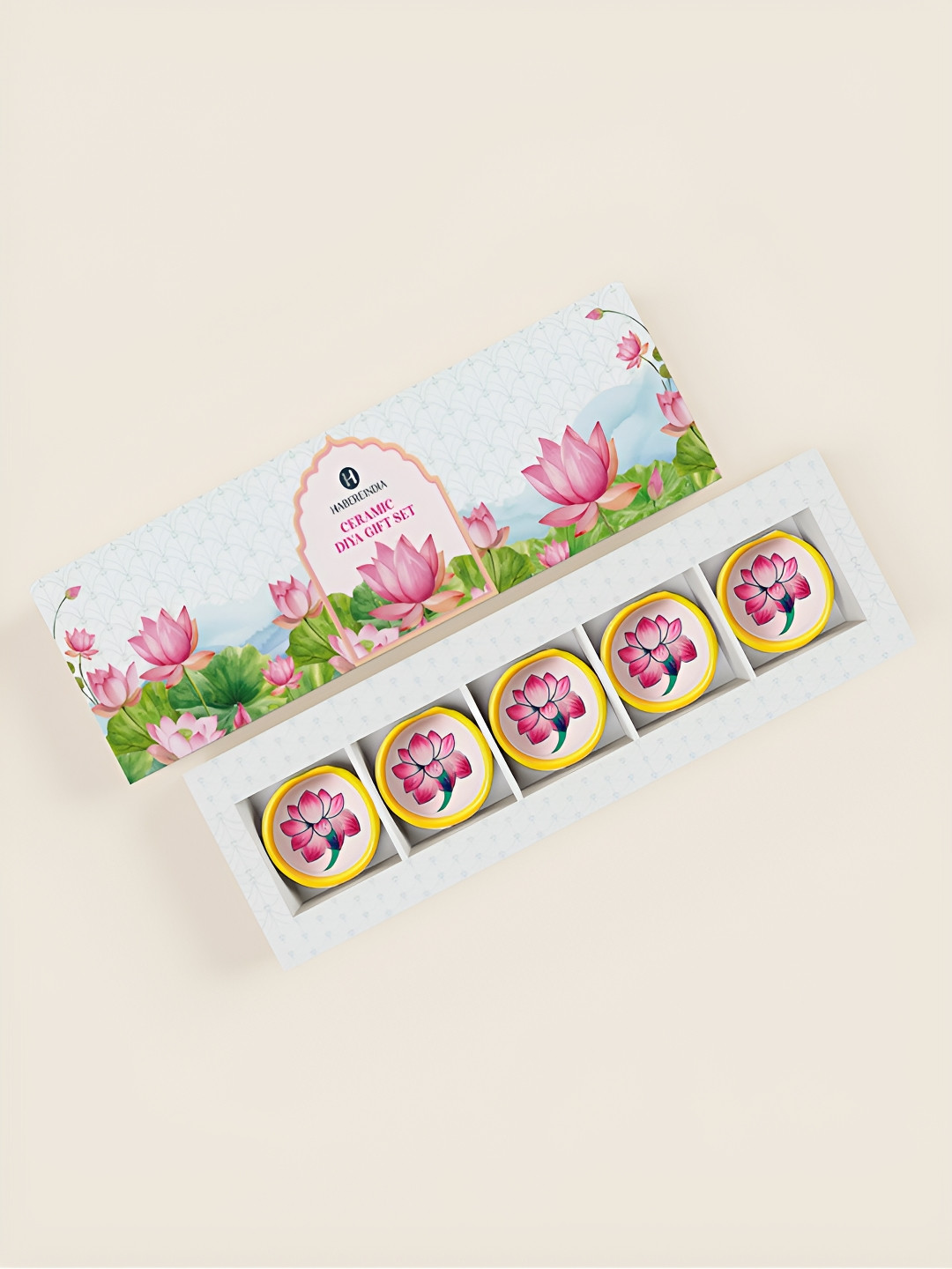 HABERE INDIA White & Pink 5 Pieces Printed Ceramic Diyas