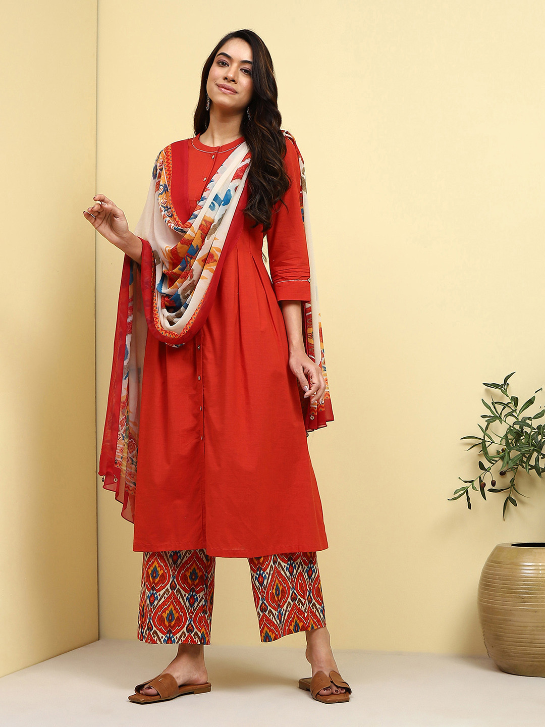 Biba Band Collar Pure Cotton A-Line Kurta With Palazzos & Dupatta