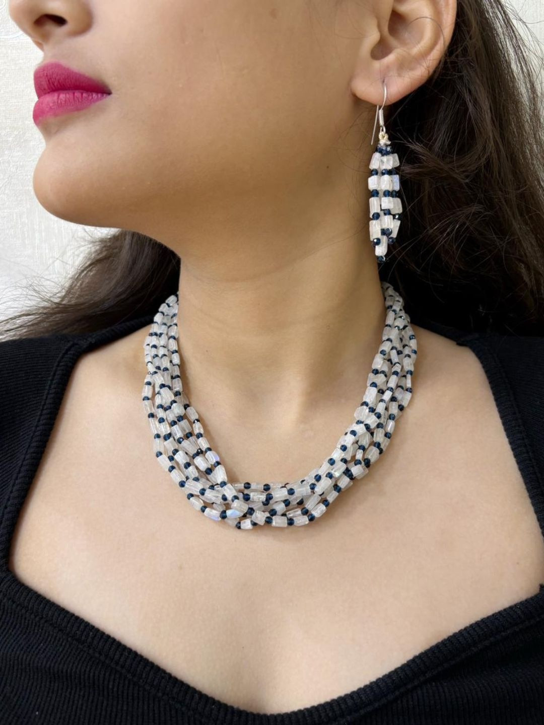 Gehna By Beadazzled Silver-Plated Rainbow Moonstone Beaded Layered Necklace And Earrings