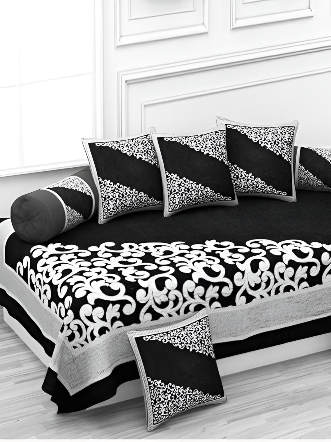 A Next Step Black And White 8 Pieces Floral Self Design Velvet Diwan Set