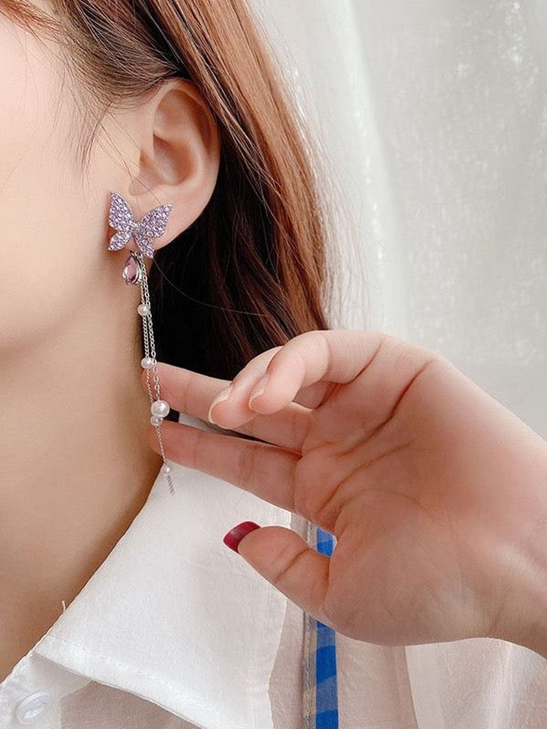 Zaphariq Silver-Plated Cubic Zirconia Studded Korean Butter Fly Drop Earrings