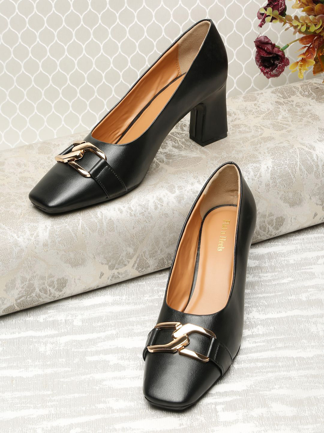 Flat n Heels Embellished Square Toe Block Pumps