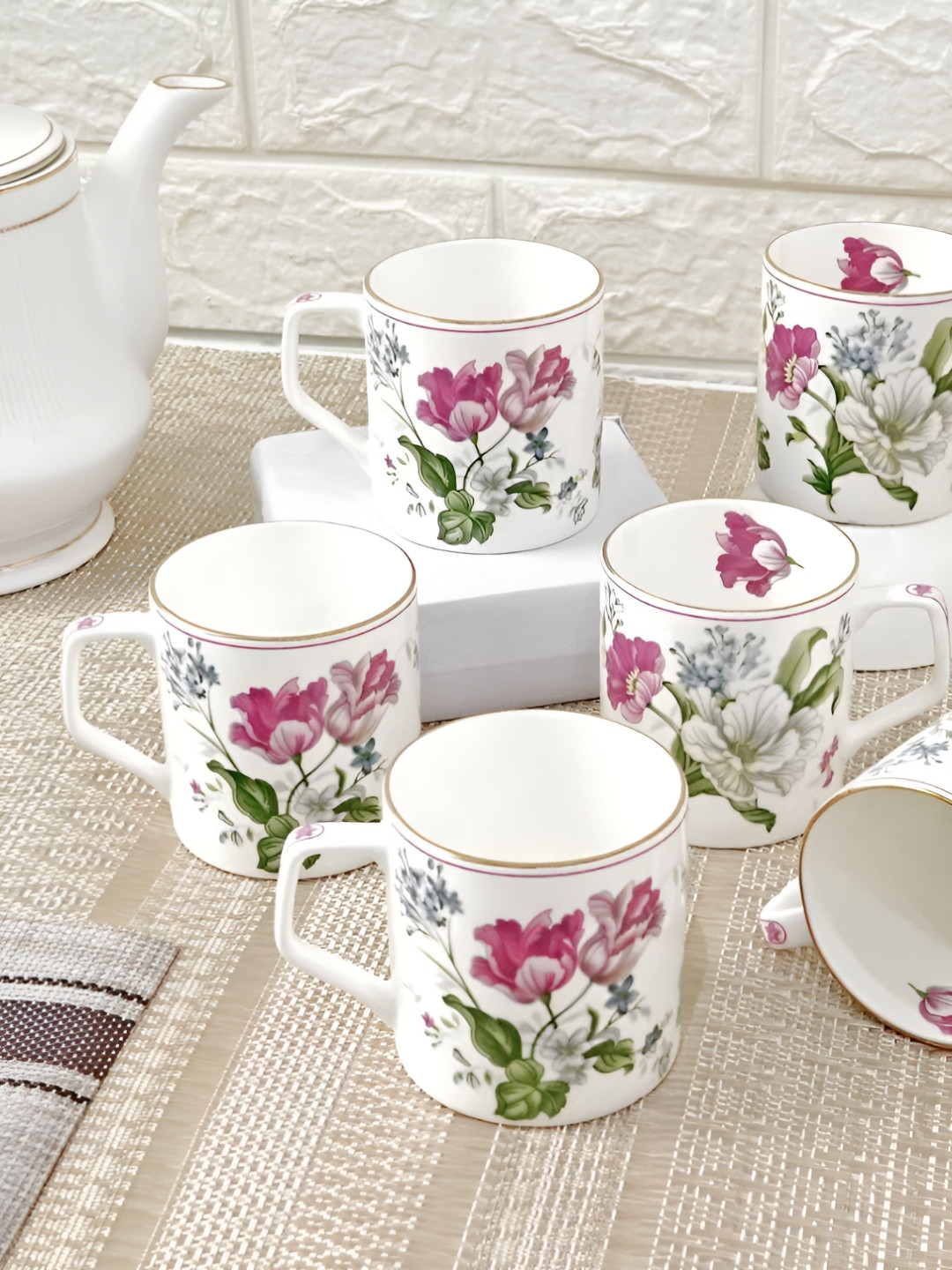 Femora Pink & White 6 Pieces Light Up Printed Ceramic Glossy Cups 250 ml