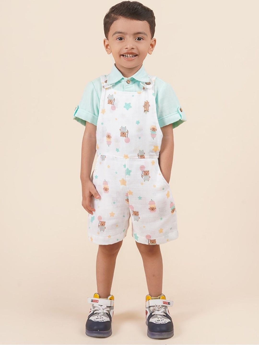 LOYZO-LOYAL TO JOY Boys Multicolor Muslin Dungaree Set